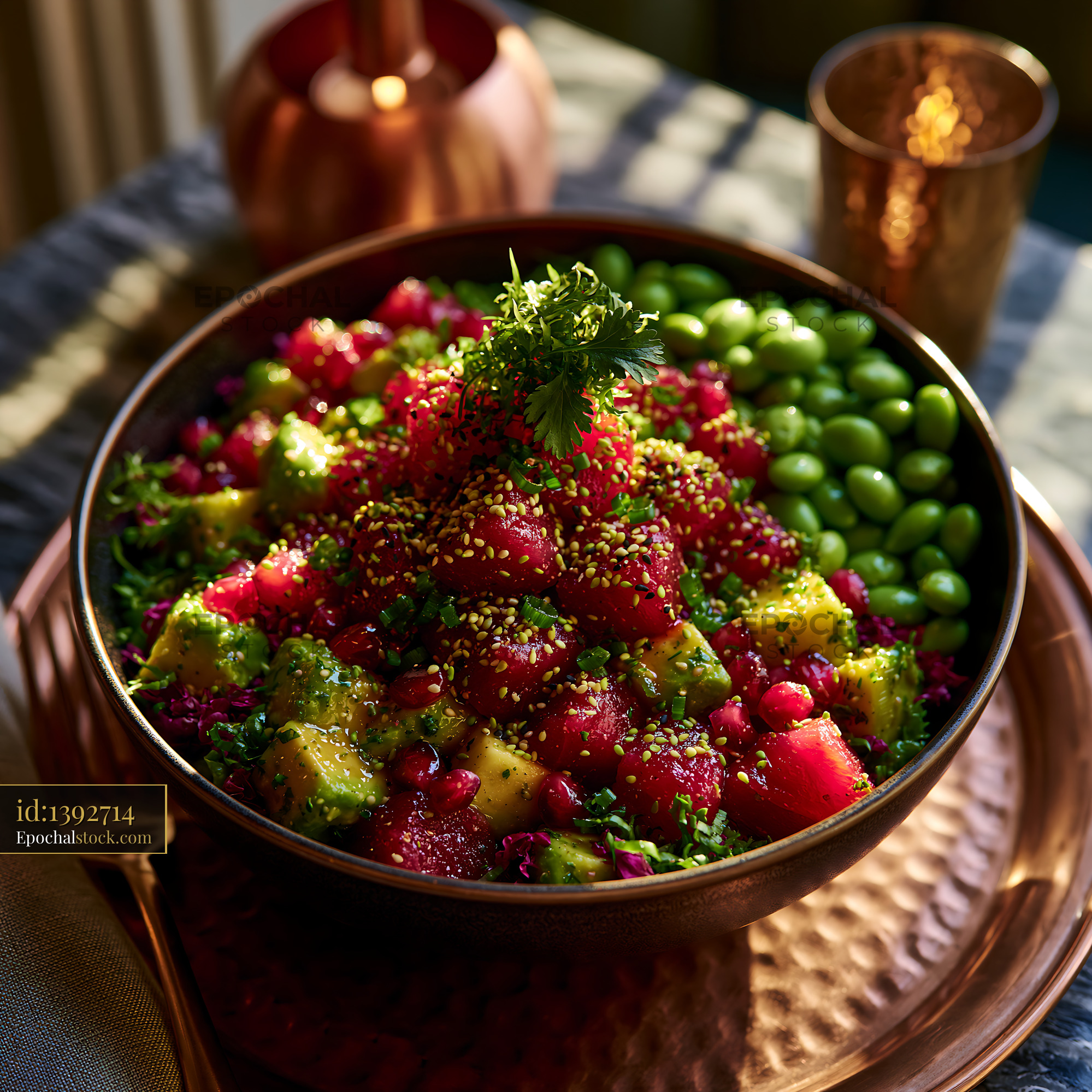 Watermarked full-resolution preview of Salad with watermelon, avocado, and green beans in a bowl