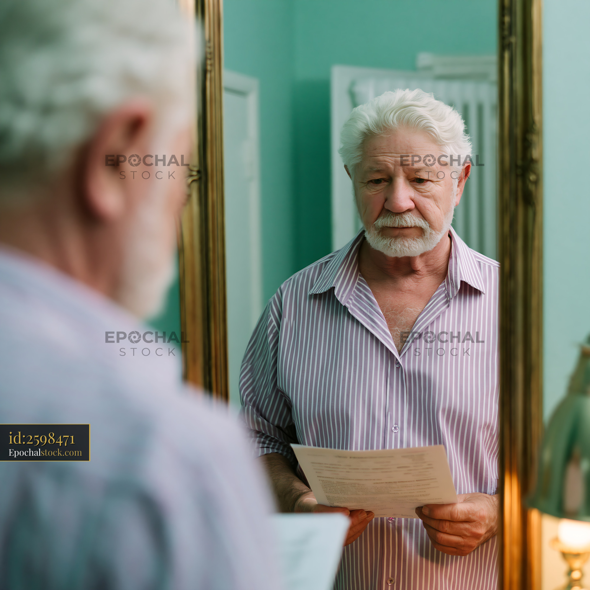 Watermarked full-resolution preview of Elderly man reading document in front of mirror