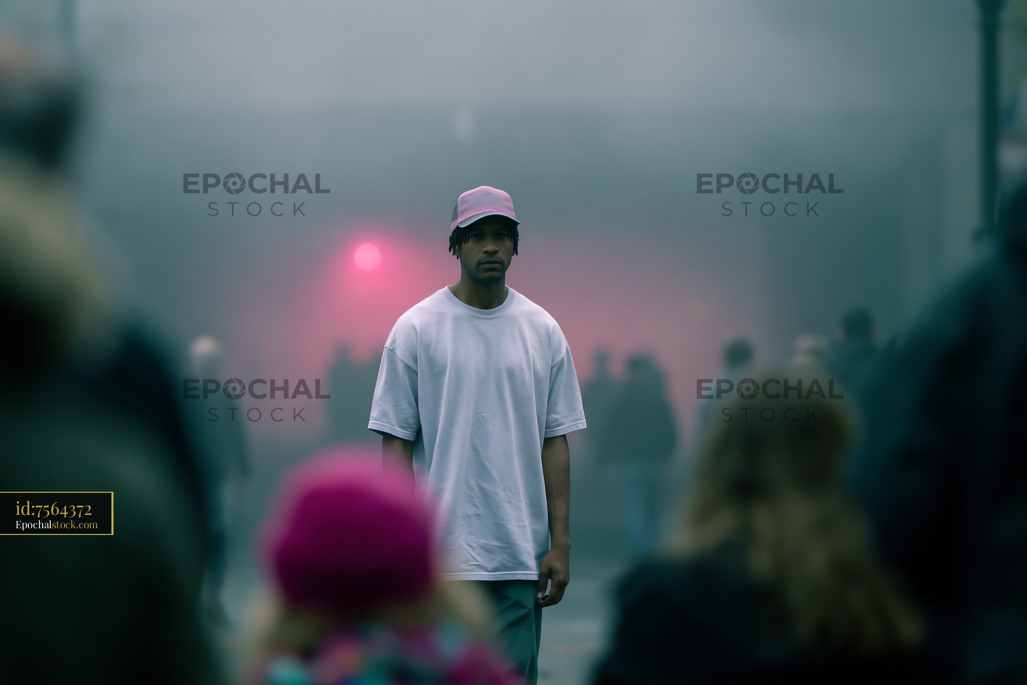Watermarked full-resolution preview of Man standing in a crowd with fog and a pink light in the background