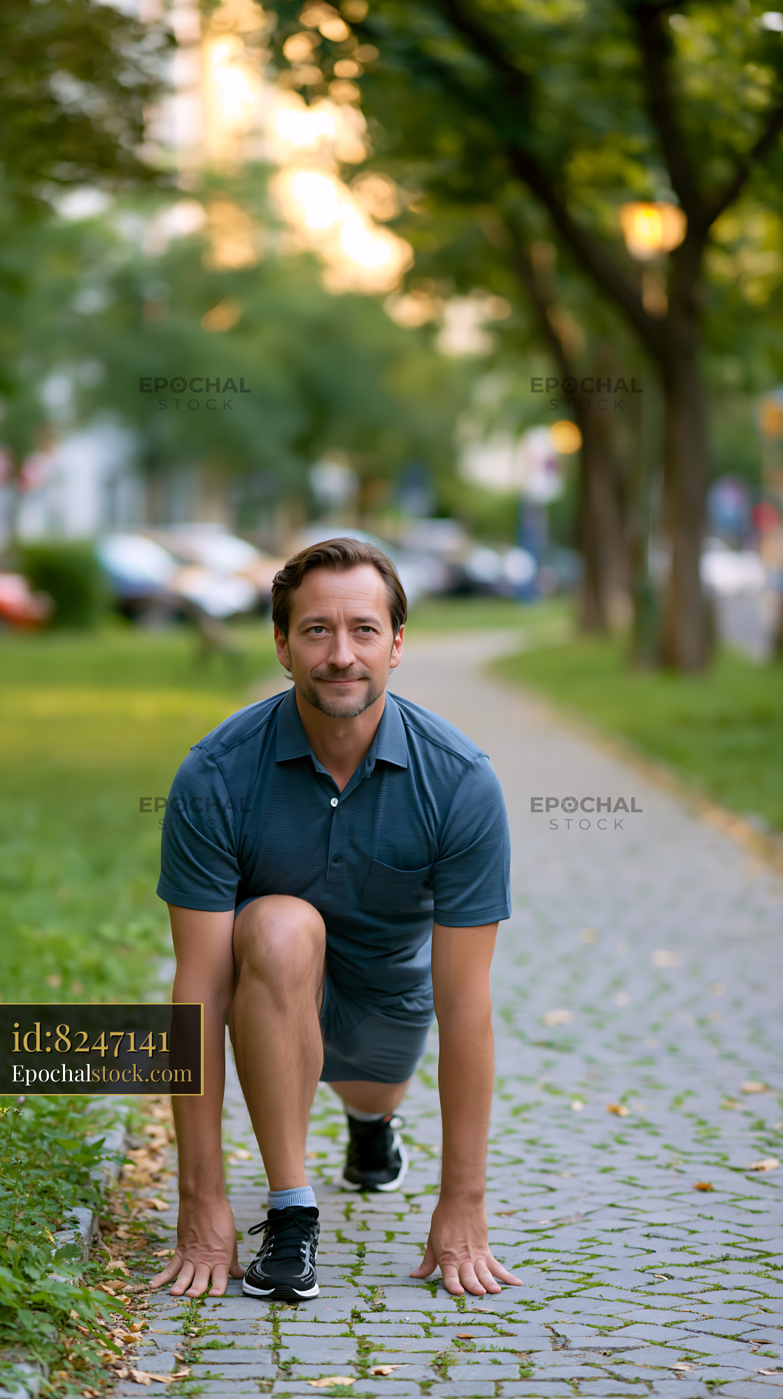 Watermarked full-resolution preview of Man preparing to run on a path in a park during daylight