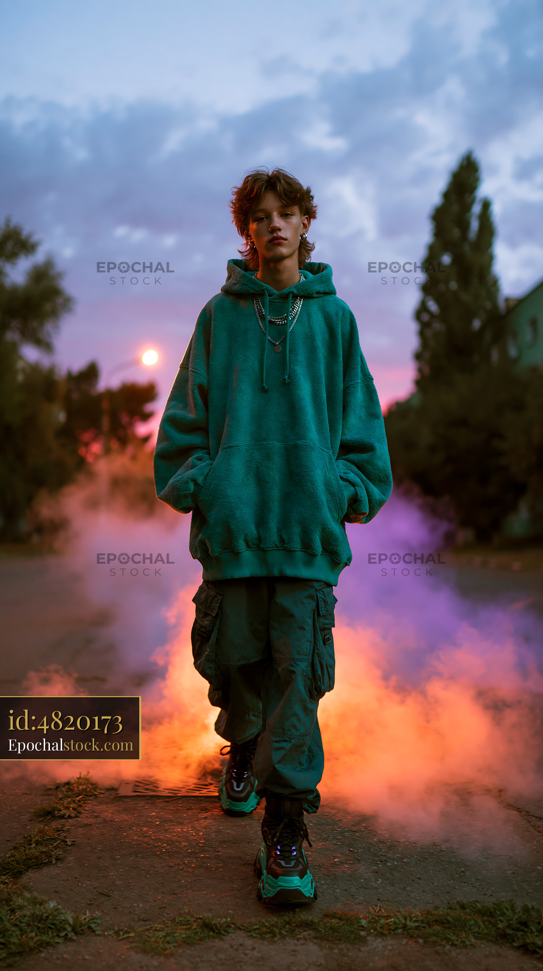 Watermarked full-resolution preview of Young person walking through smoke on a street at sunset