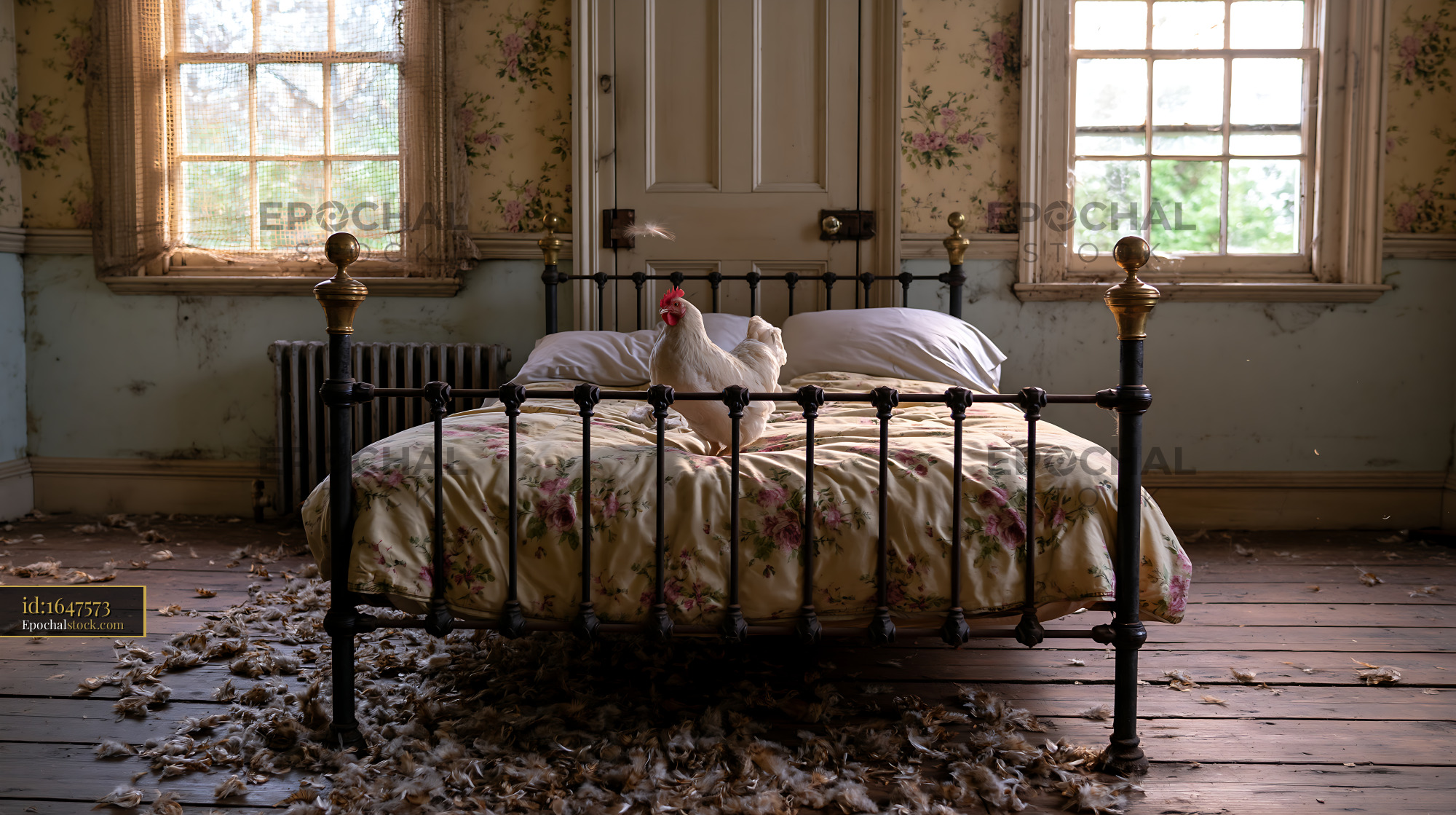 Watermarked full-resolution preview of Bed with chicken and feathers in old, abandoned room