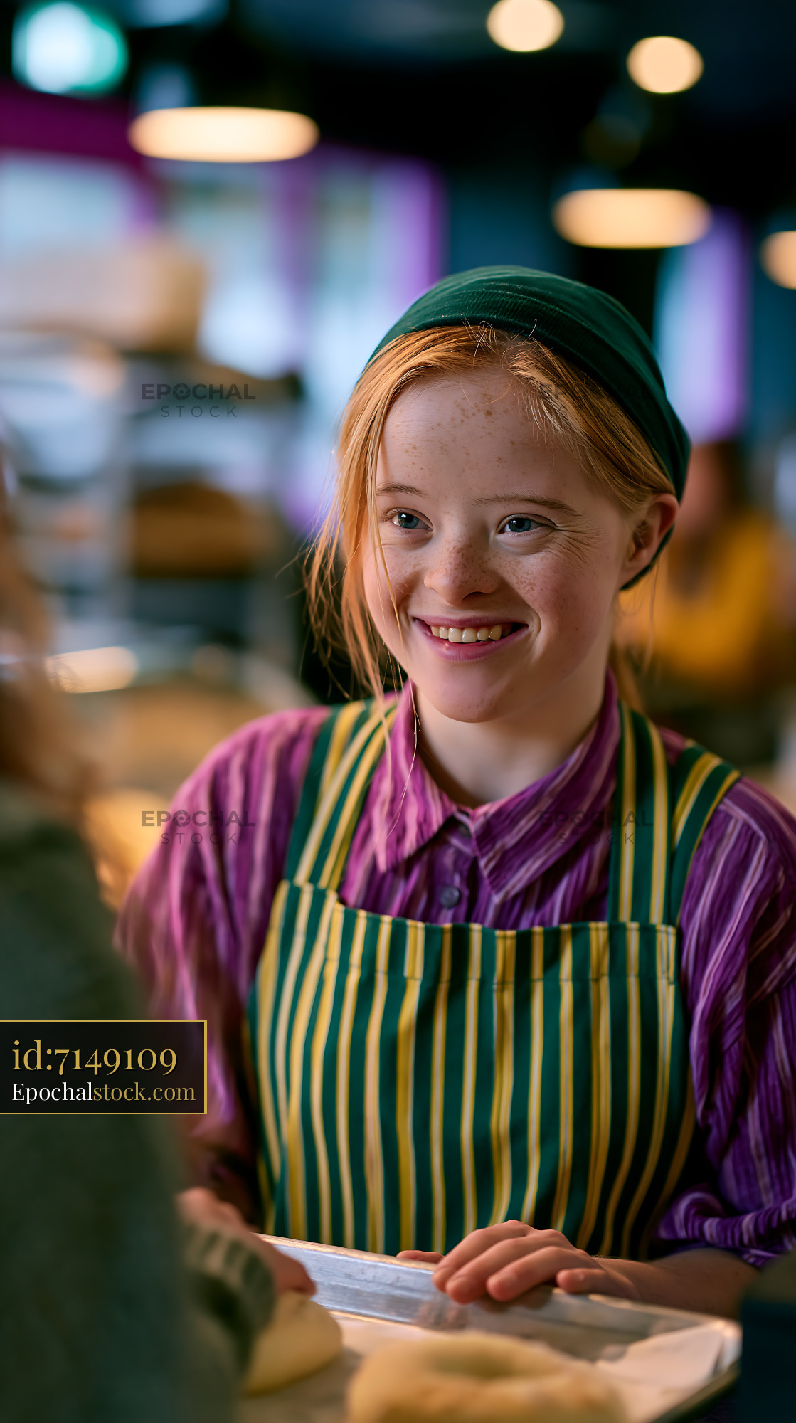 Young Woman With Down Syndrome Working in Bakery — stock example for FLUX.2 Max solution examples