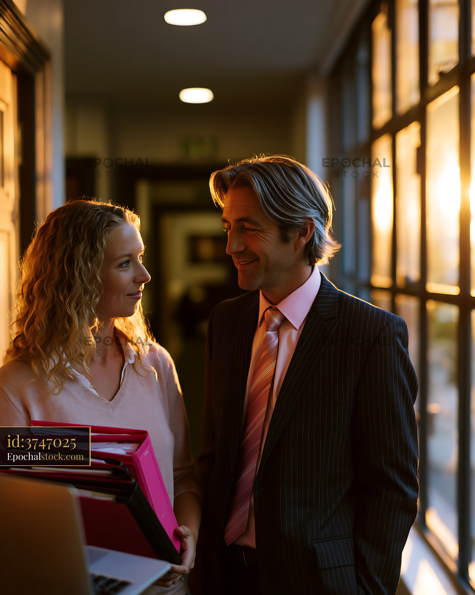 Watermarked full-resolution preview of Business meeting with colleagues in office corridor during sunset