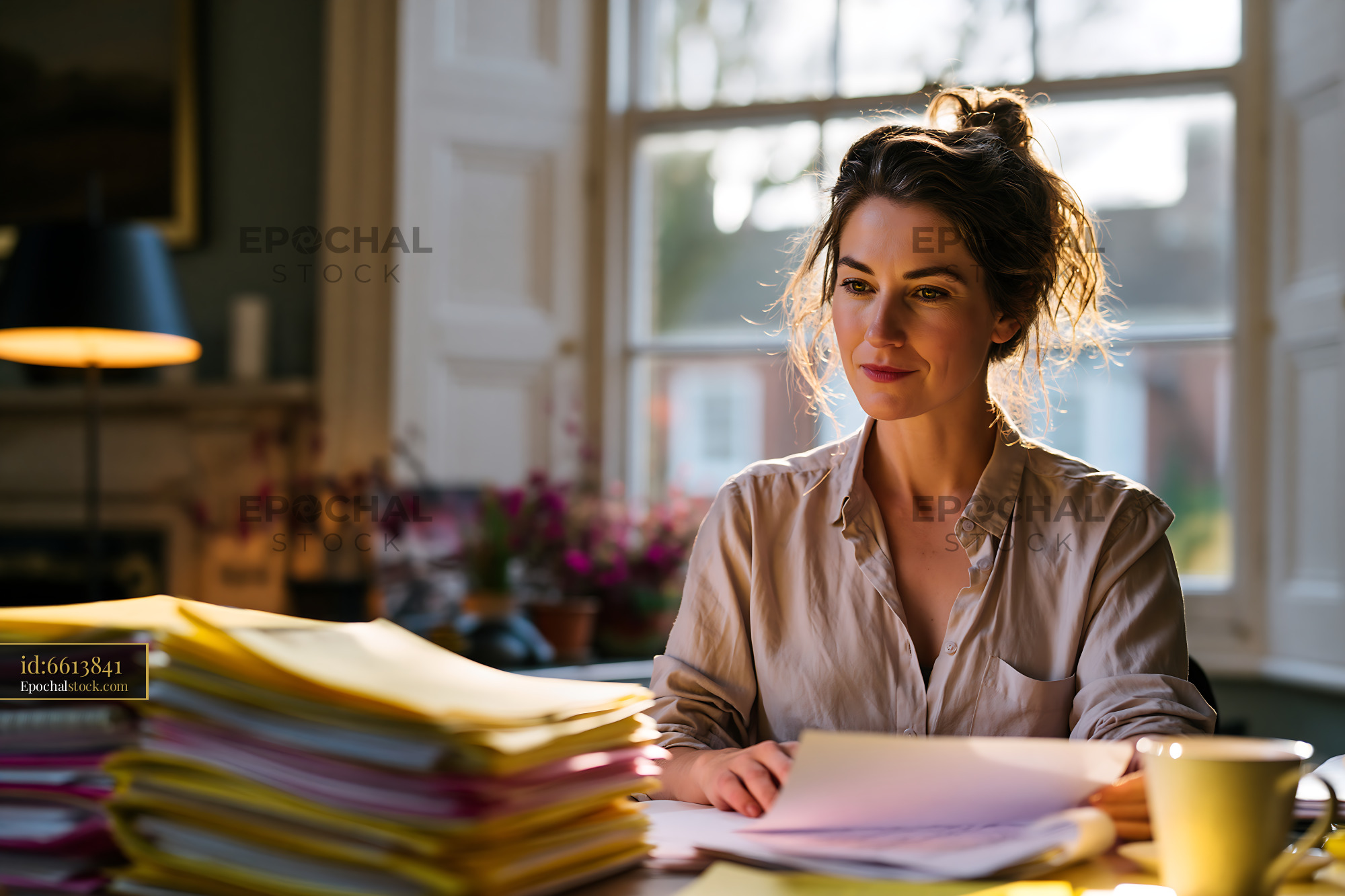 Watermarked full-resolution preview of Woman working at a desk with files and coffee in natural light