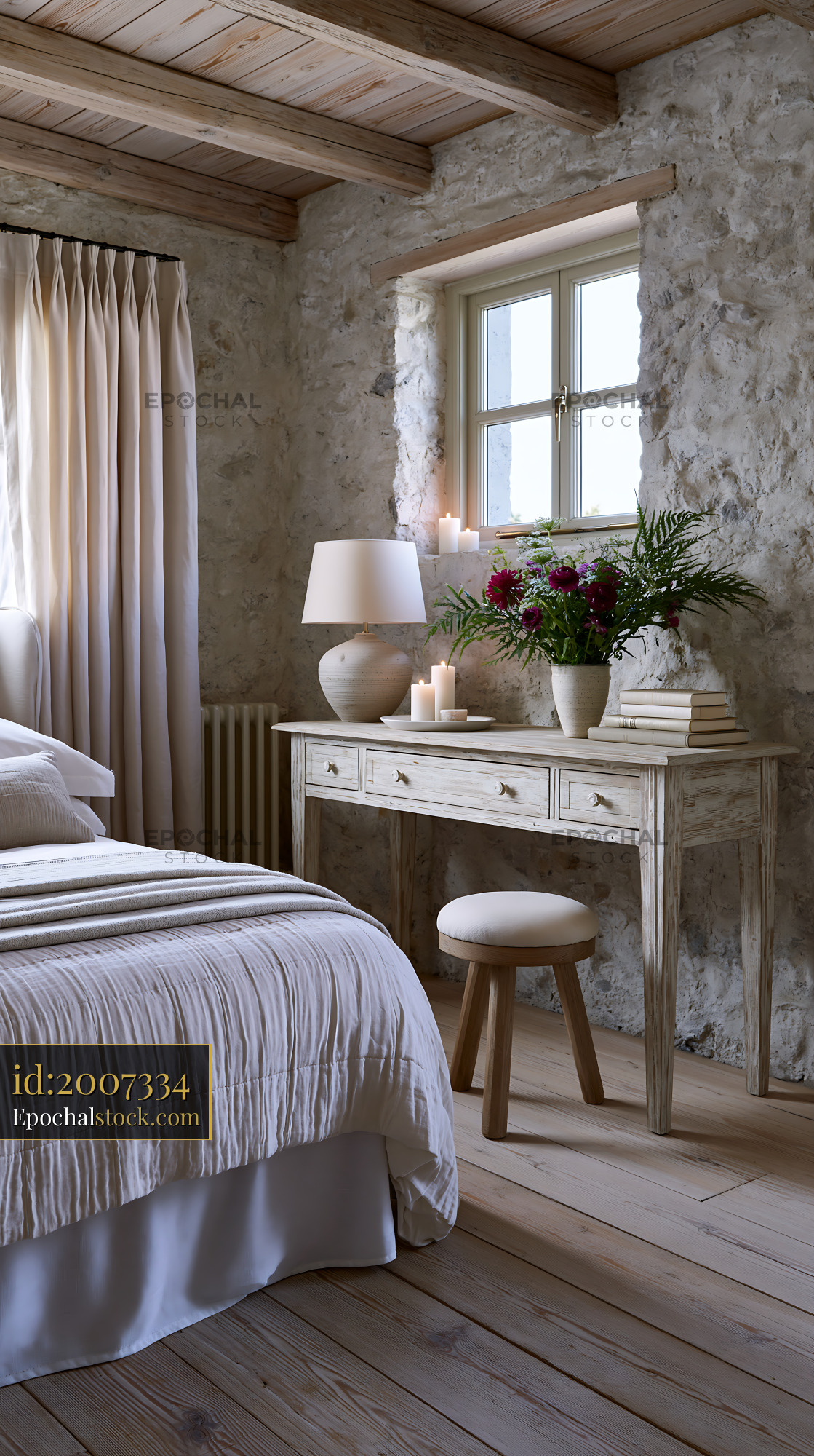 Watermarked full-resolution preview of Rustic bedroom with wooden furniture and natural light