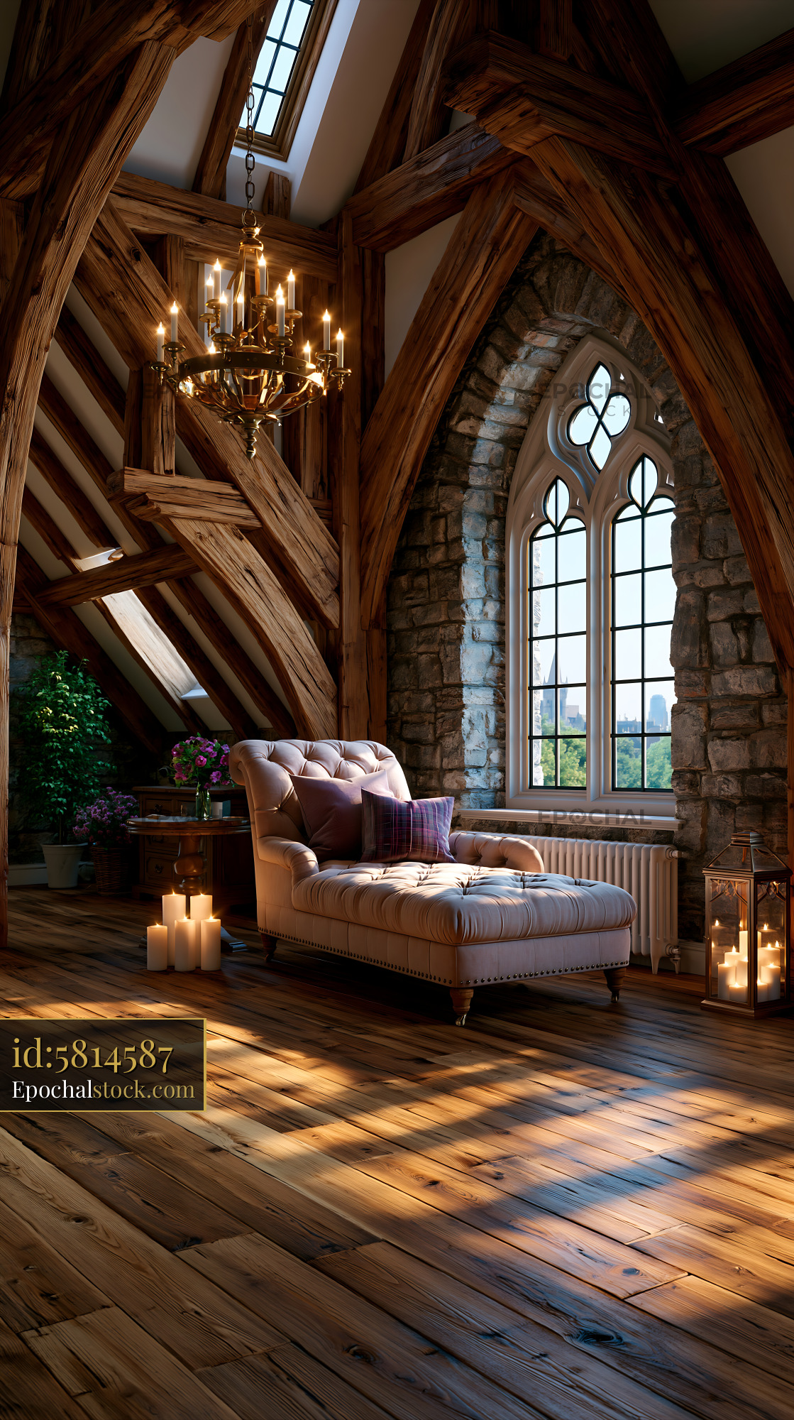 Watermarked full-resolution preview of Cozy seating area with wooden beams and large window
