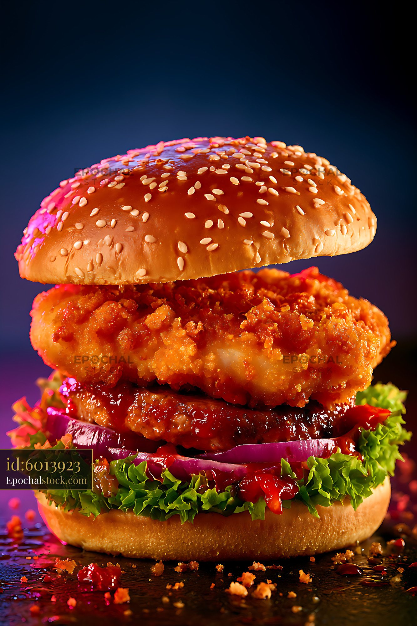 Watermarked full-resolution preview of Chicken burger with sesame bun and colorful fresh toppings