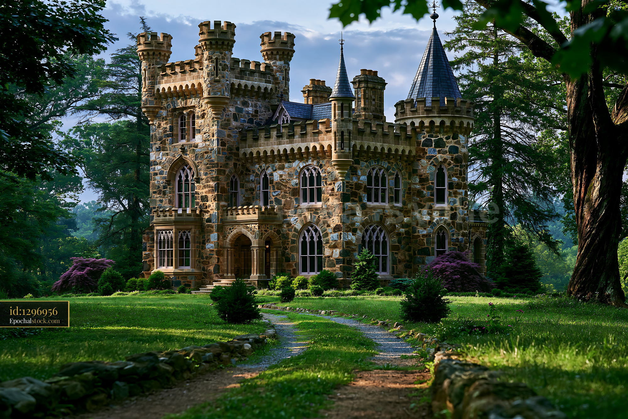 Watermarked full-resolution preview of Beautiful castle surrounded by green trees and a walking path
