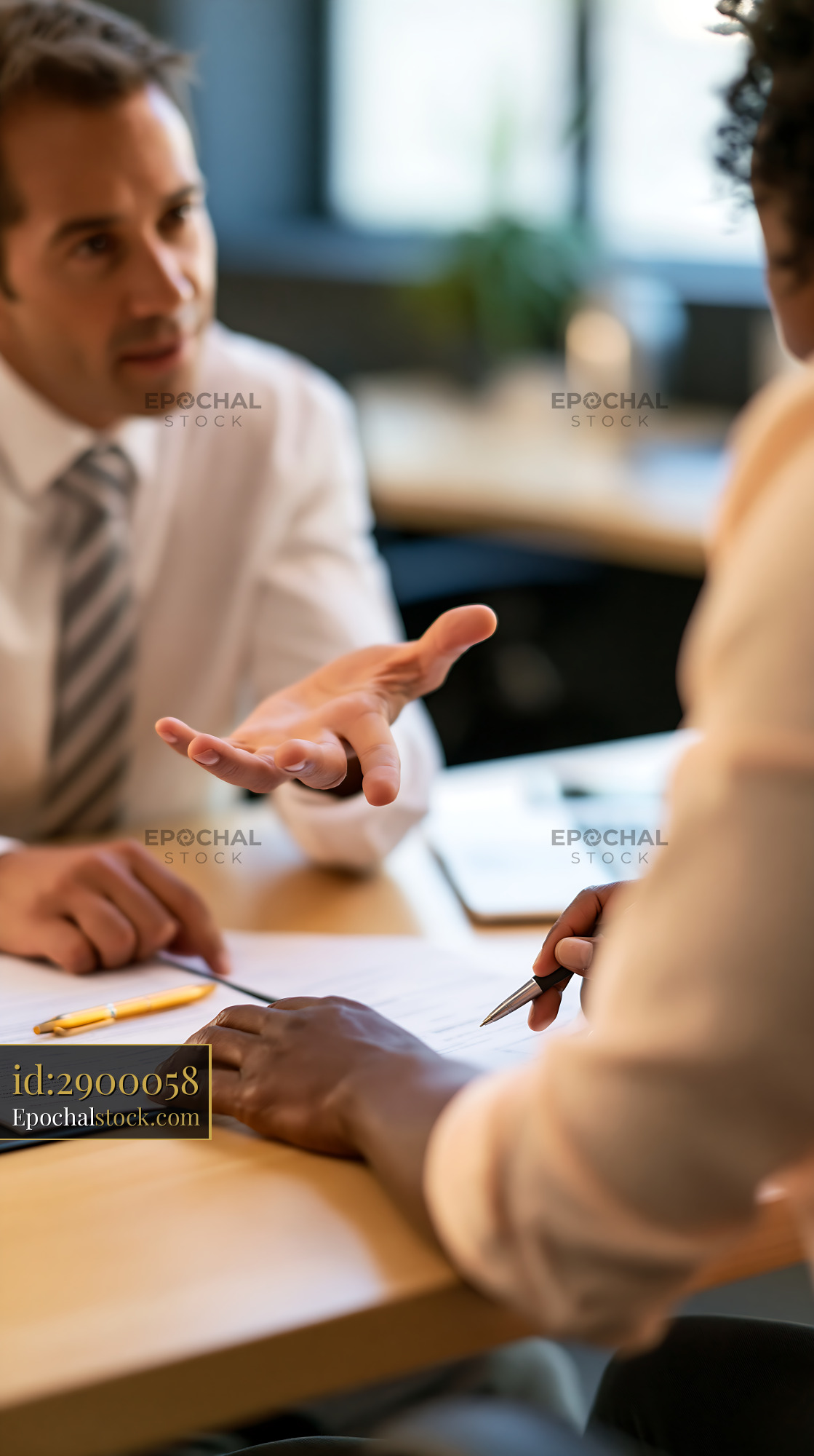 Watermarked full-resolution preview of Business meeting between two professionals in an office setting