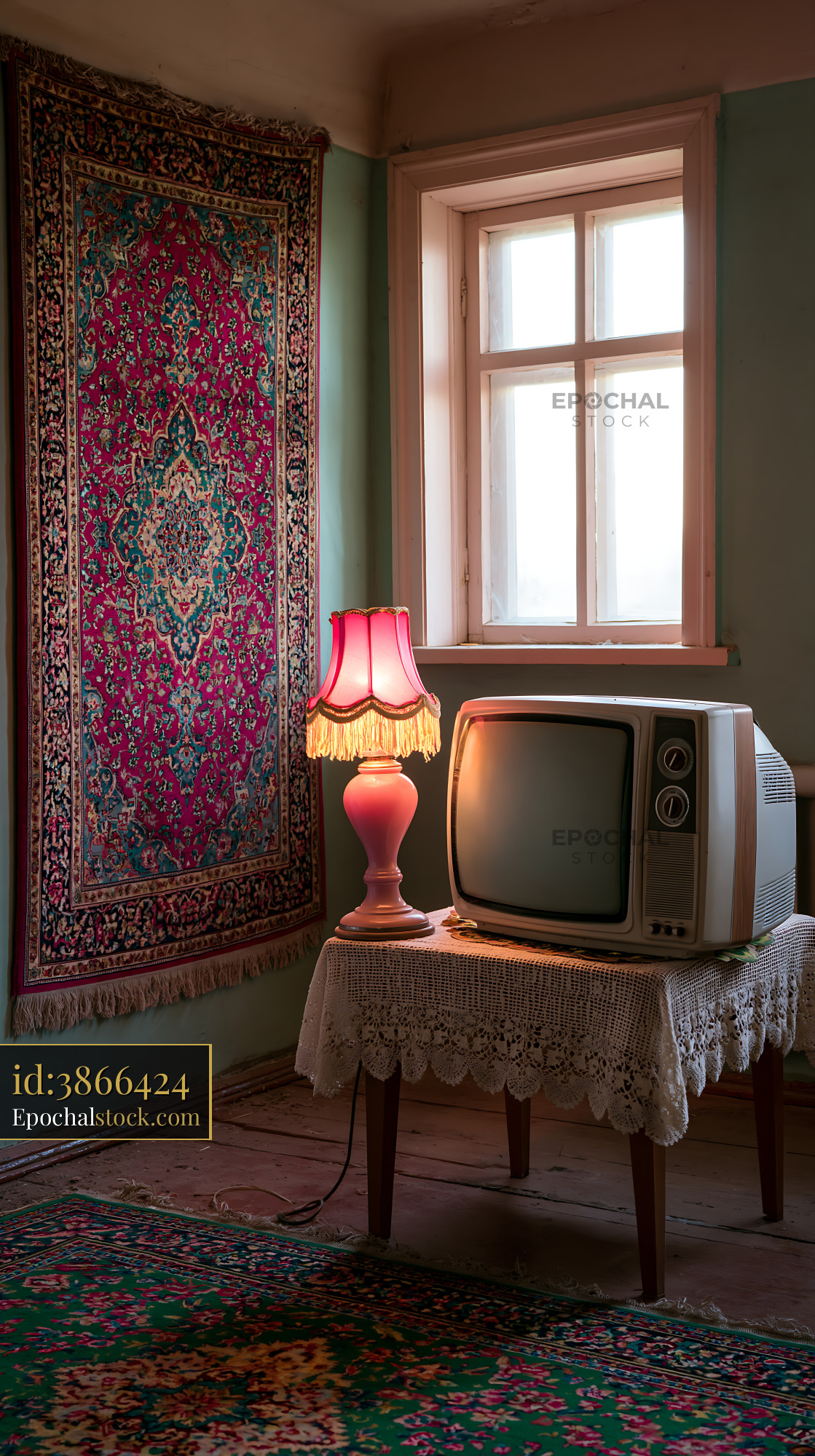Watermarked full-resolution preview of Living room setup with vintage television and lamp by window