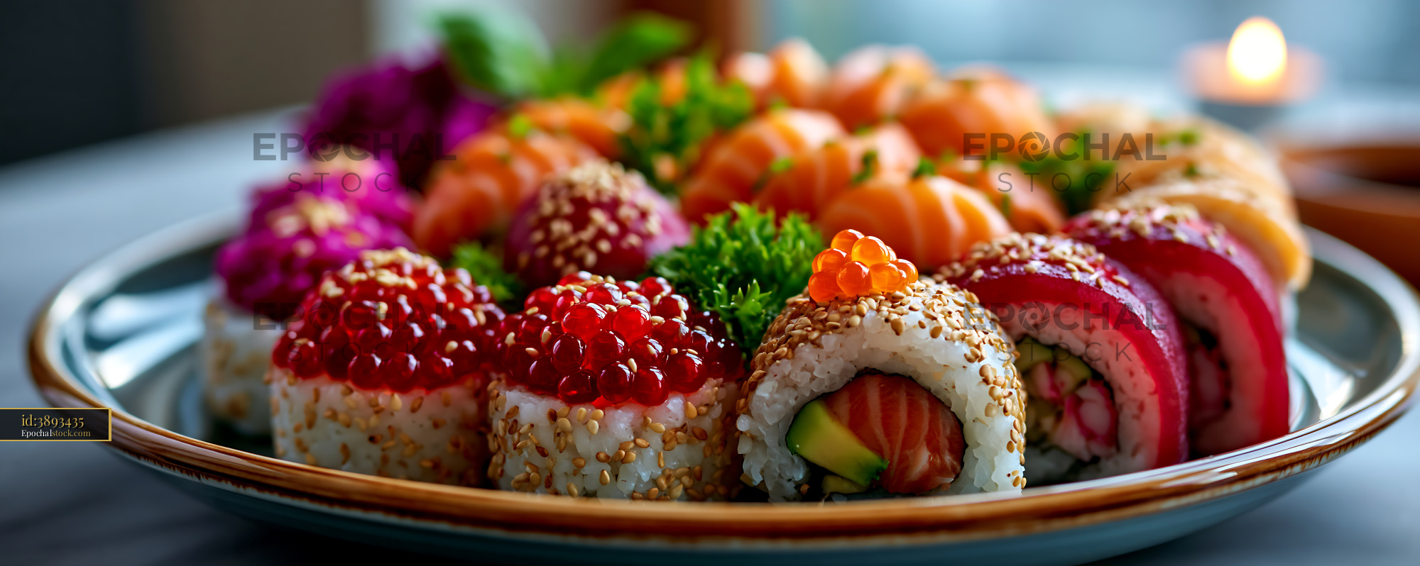 Watermarked full-resolution preview of Sushi platter featuring assorted rolls and sashimi on a table