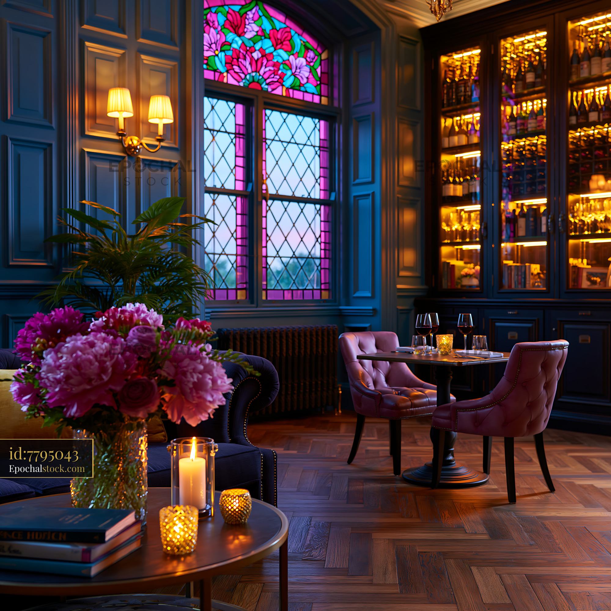 Watermarked full-resolution preview of Cozy interior of a lounge with flowers and a view