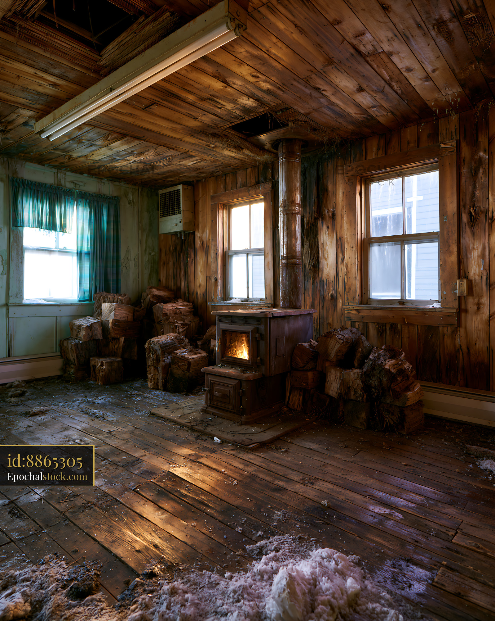 Watermarked full-resolution preview of Abandoned room with wood stove and old furniture in a rustic setting