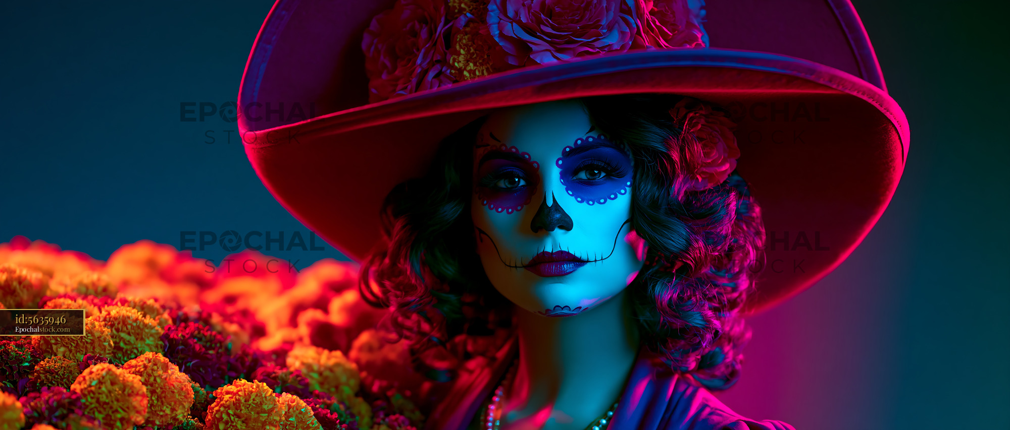 Watermarked full-resolution preview of Colorful skull makeup worn by a woman with a large hat and flowers