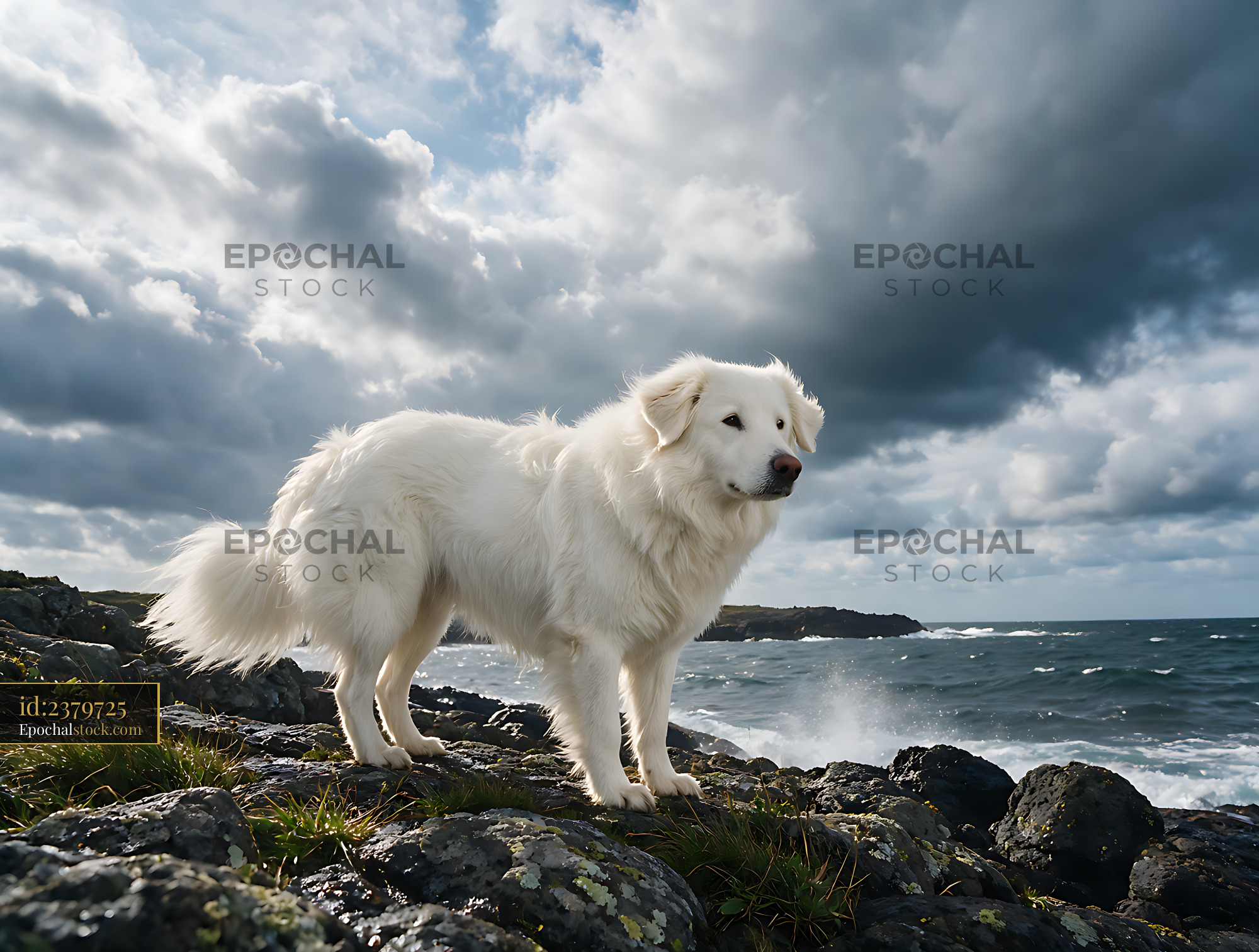 Watermarked full-resolution preview of White dog on rocky seaside shore beneath dramatic sky