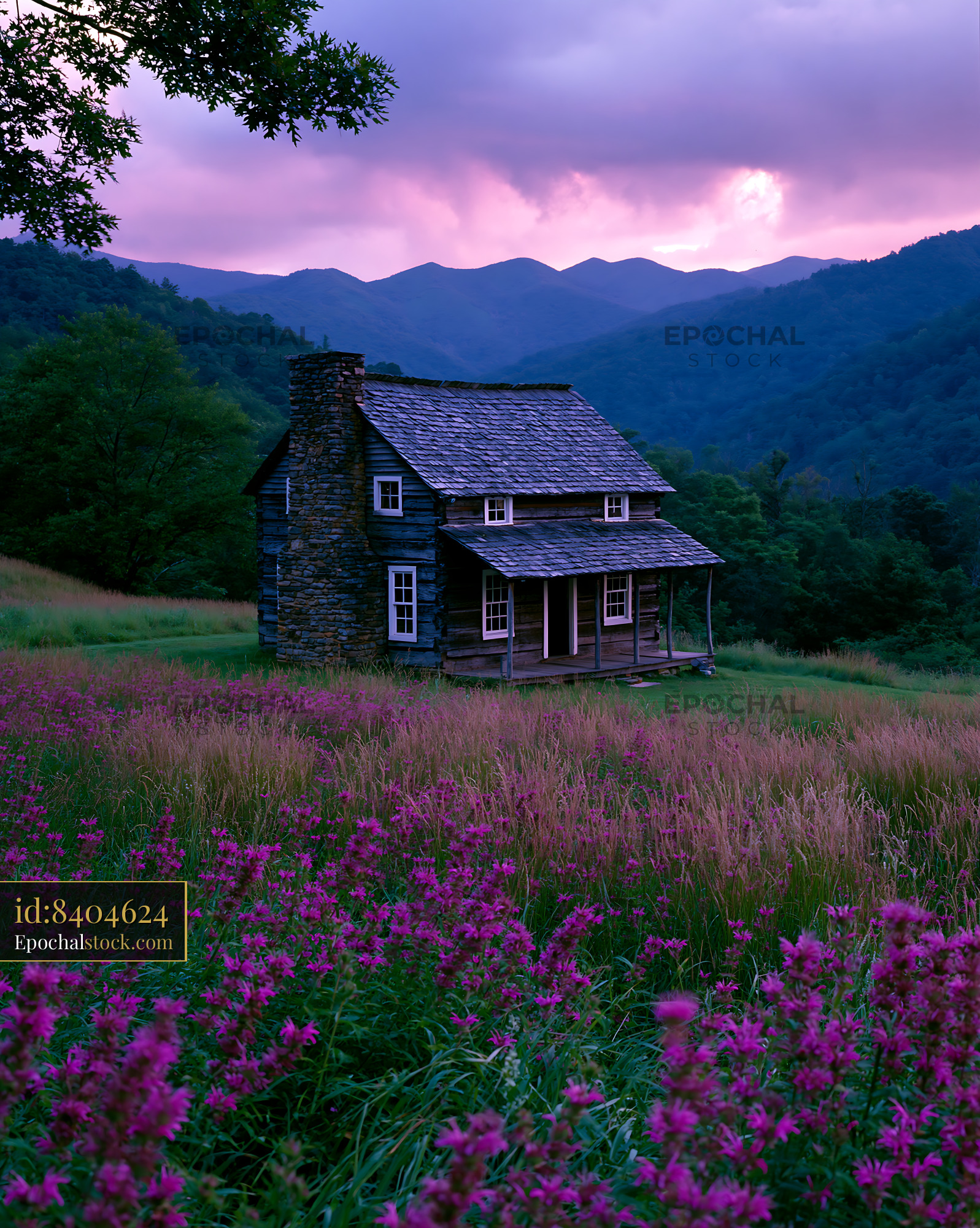 Watermarked full-resolution preview of Sunset over a log cabin surrounded by wildflowers and mountains