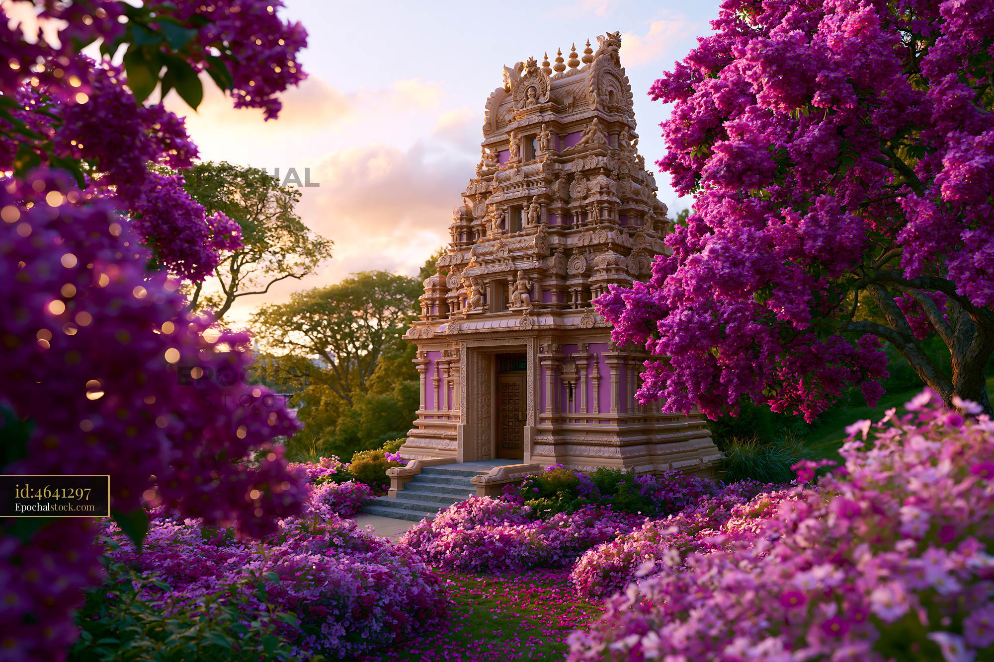 Hindu Temple Surrounded by Blooming Bougainvillea in Sunset
