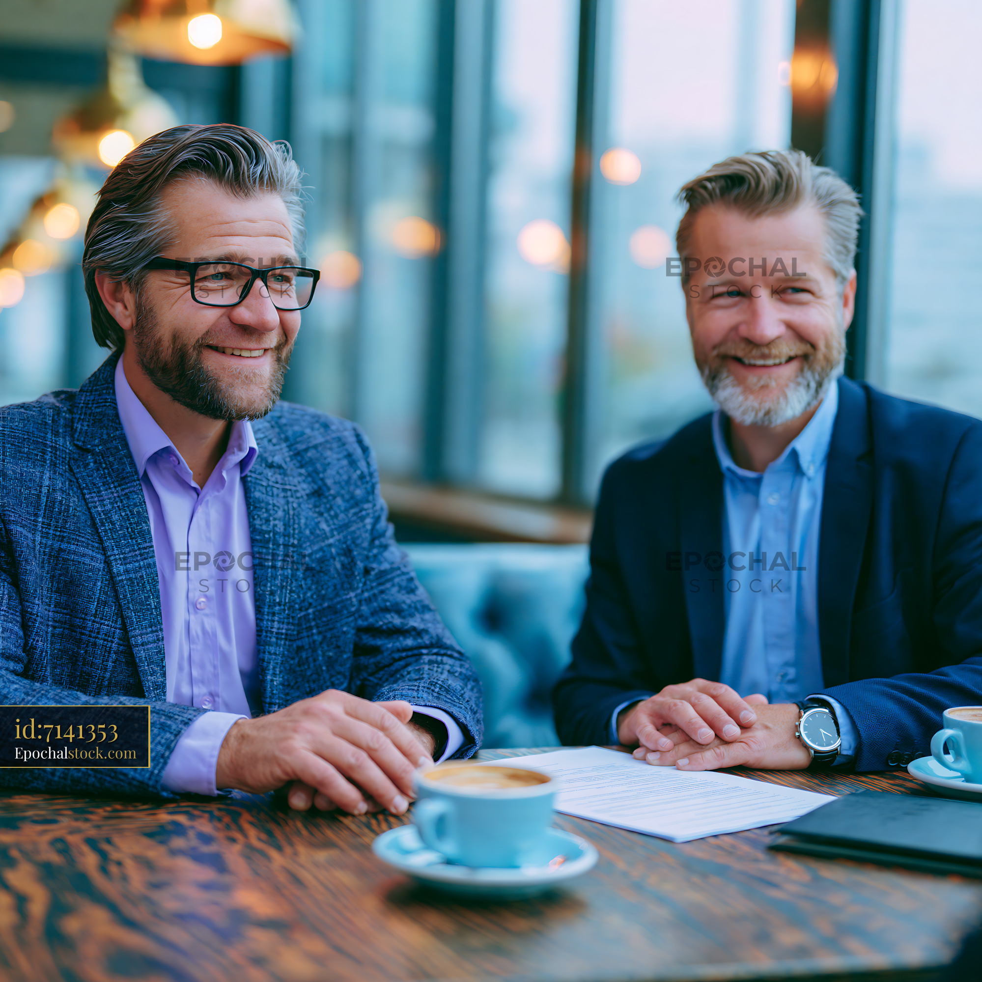Watermarked full-resolution preview of Two men having a meeting in a modern cafe