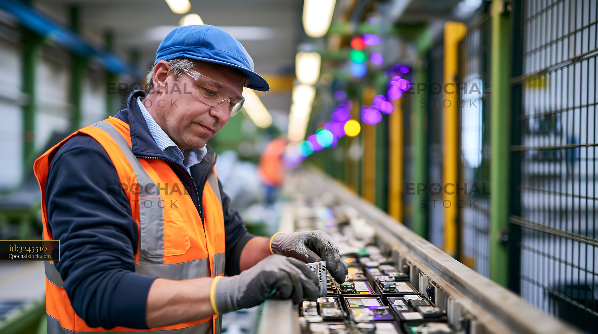 Watermarked full-resolution preview of Worker assembling electronic components in a factory setting