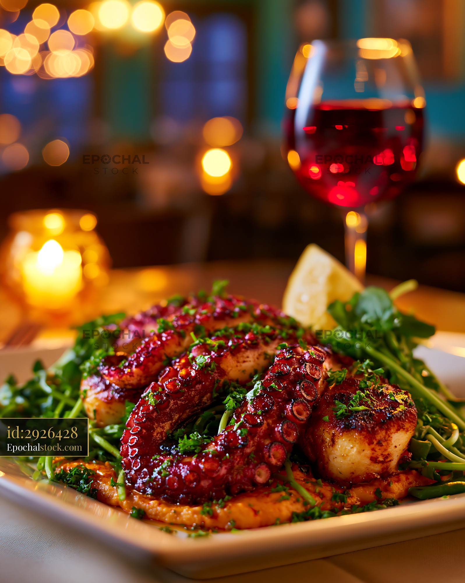 Watermarked full-resolution preview of Grilled octopus with vegetables and red wine in a restaurant setting