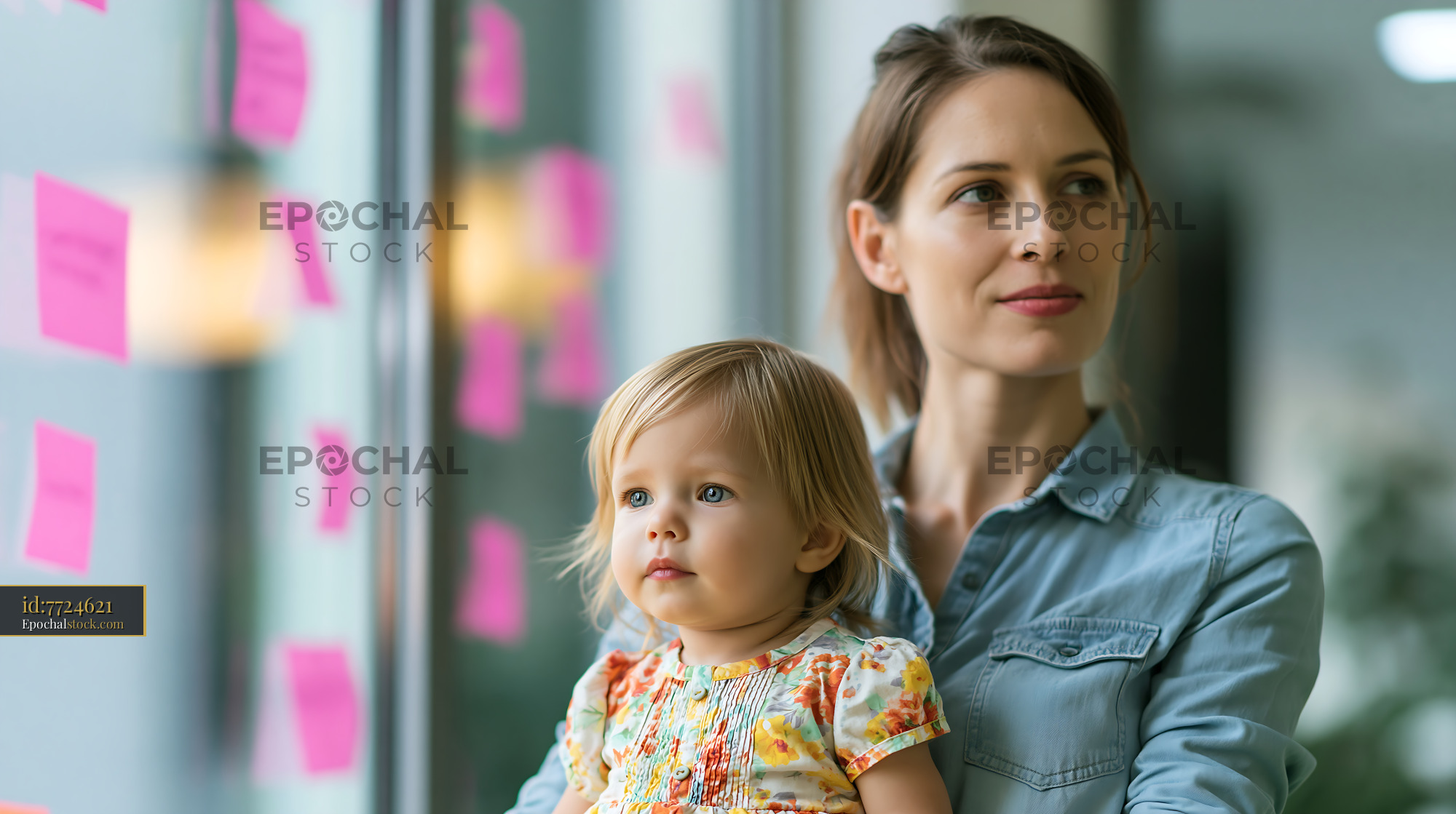 Watermarked full-resolution preview of Mother holds child near colorful sticky notes on a window