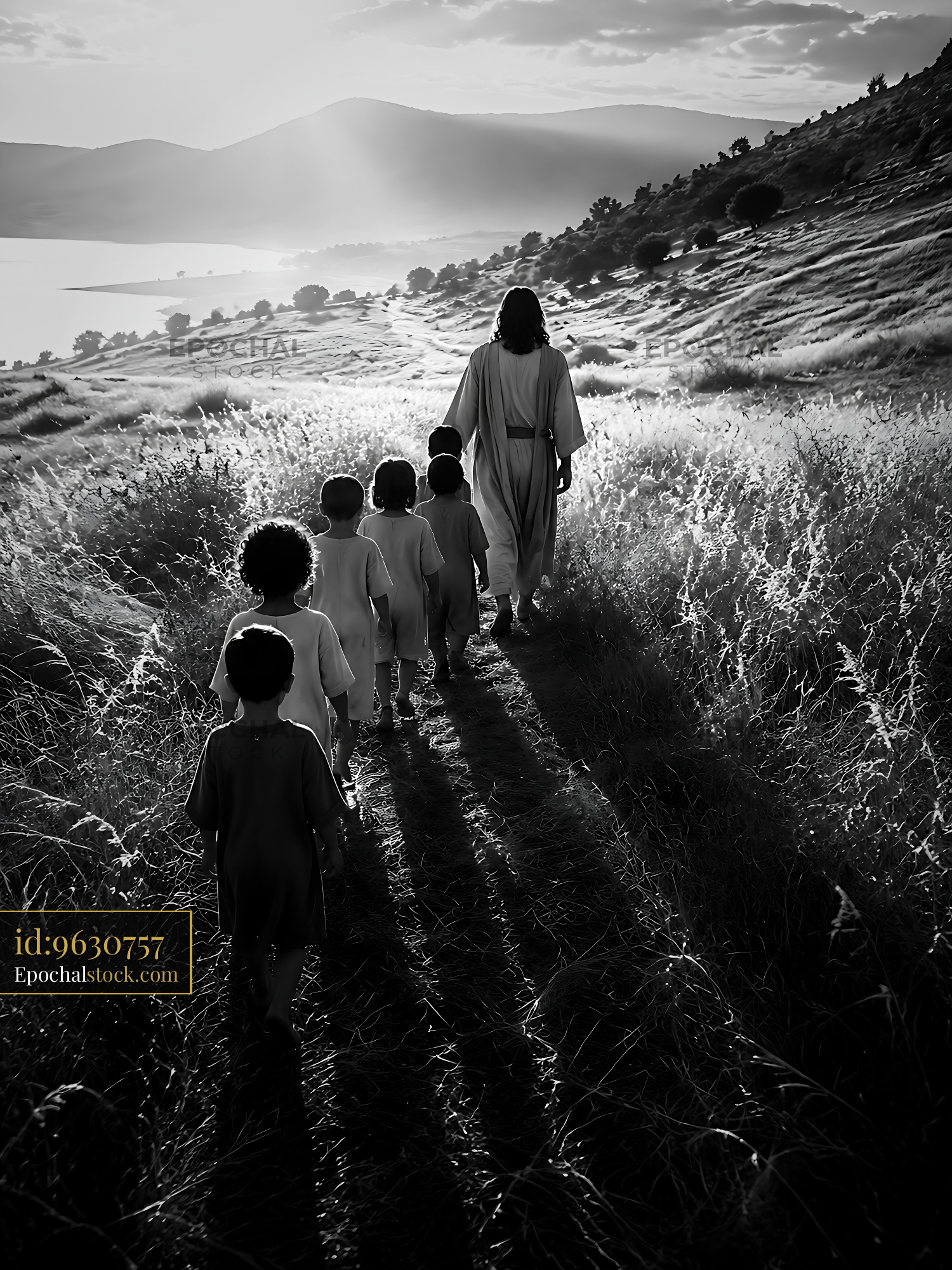 Watermarked full-resolution preview of Walking on a path with children in a black and white setting
