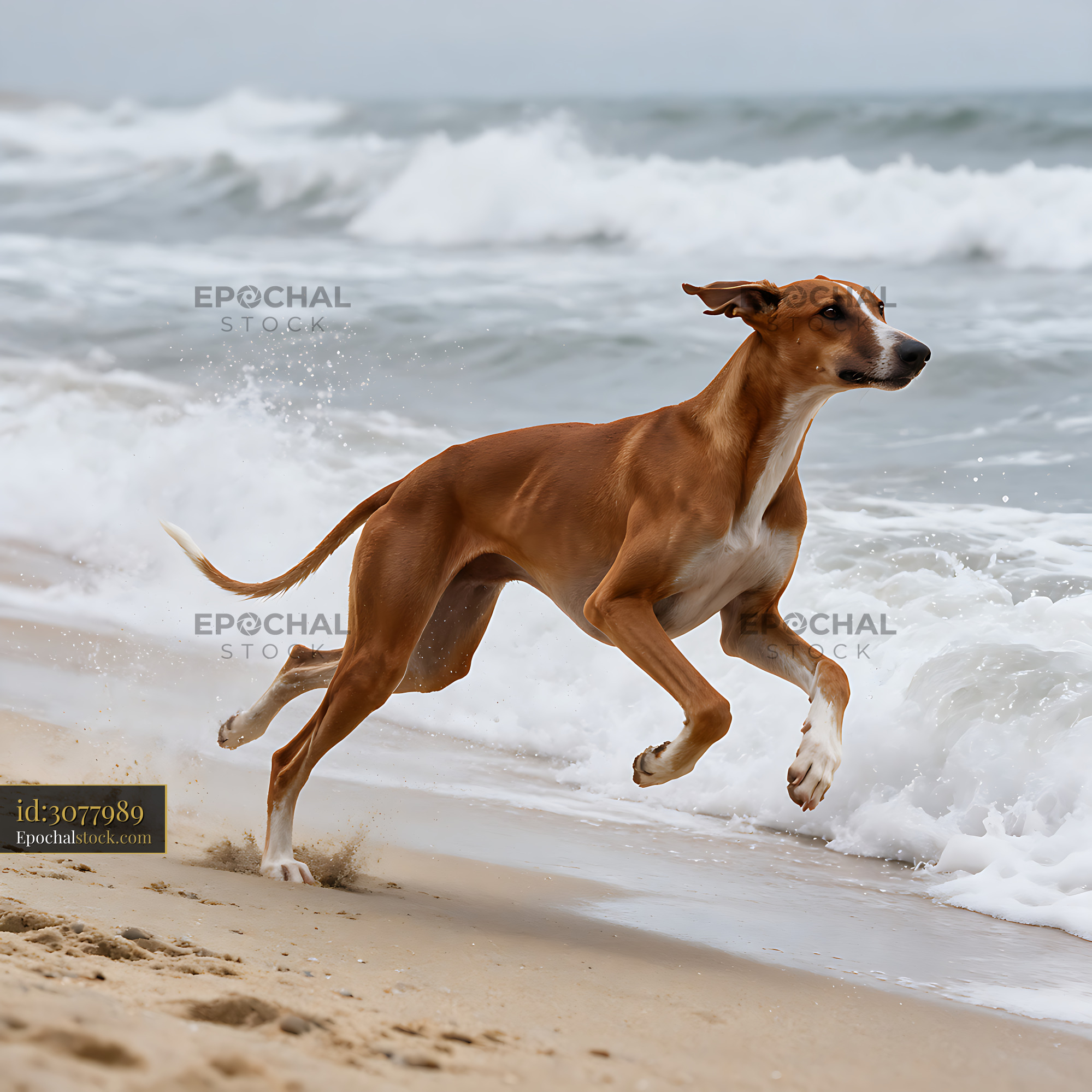 Watermarked full-resolution preview of Dog sprinting along a wave-covered beach