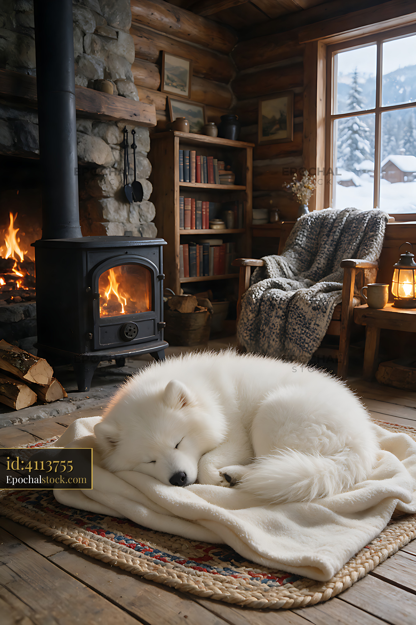Watermarked full-resolution preview of Sleeping white puppy in a cozy rustic cabin