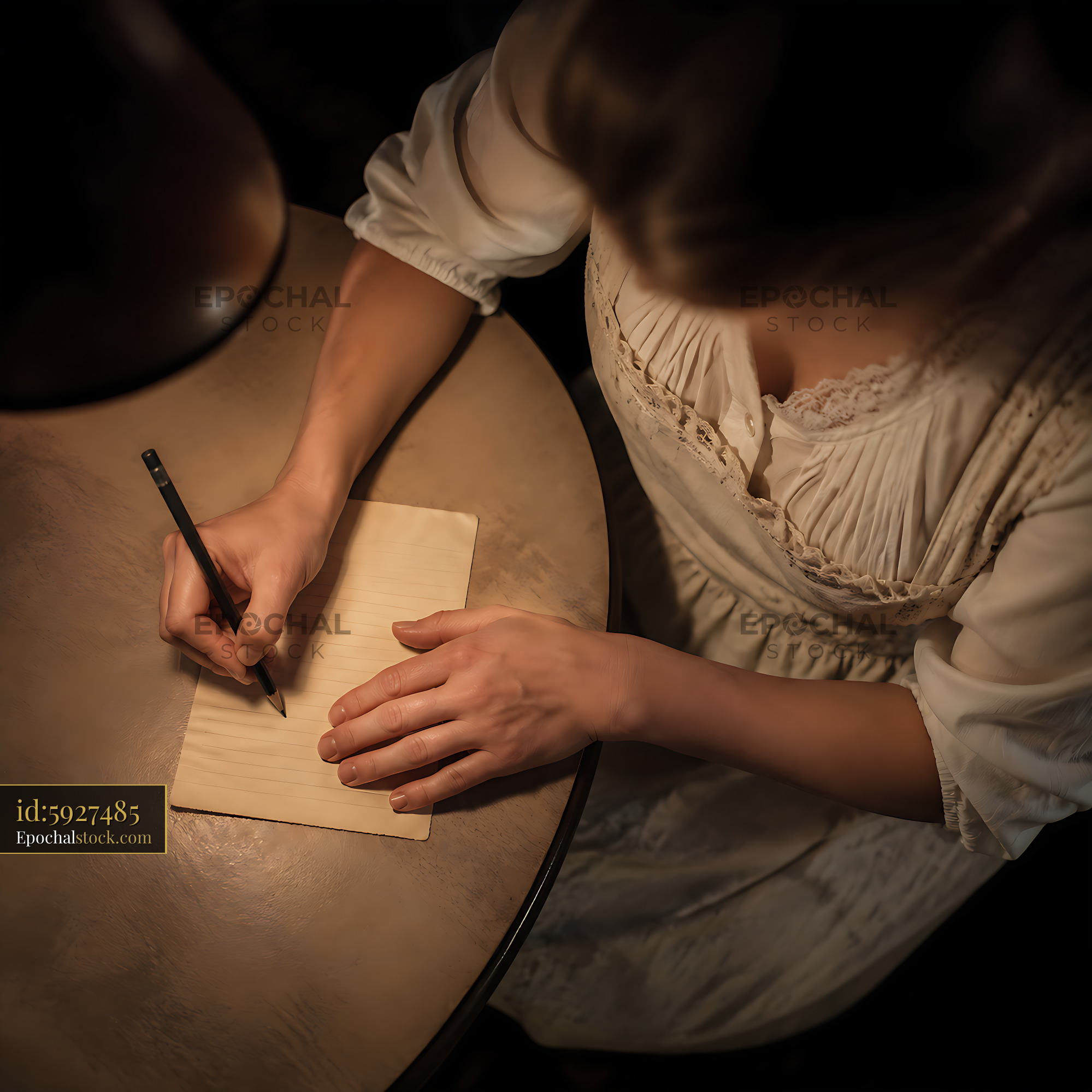Watermarked full-resolution preview of Woman writing at a wooden table under a lamp