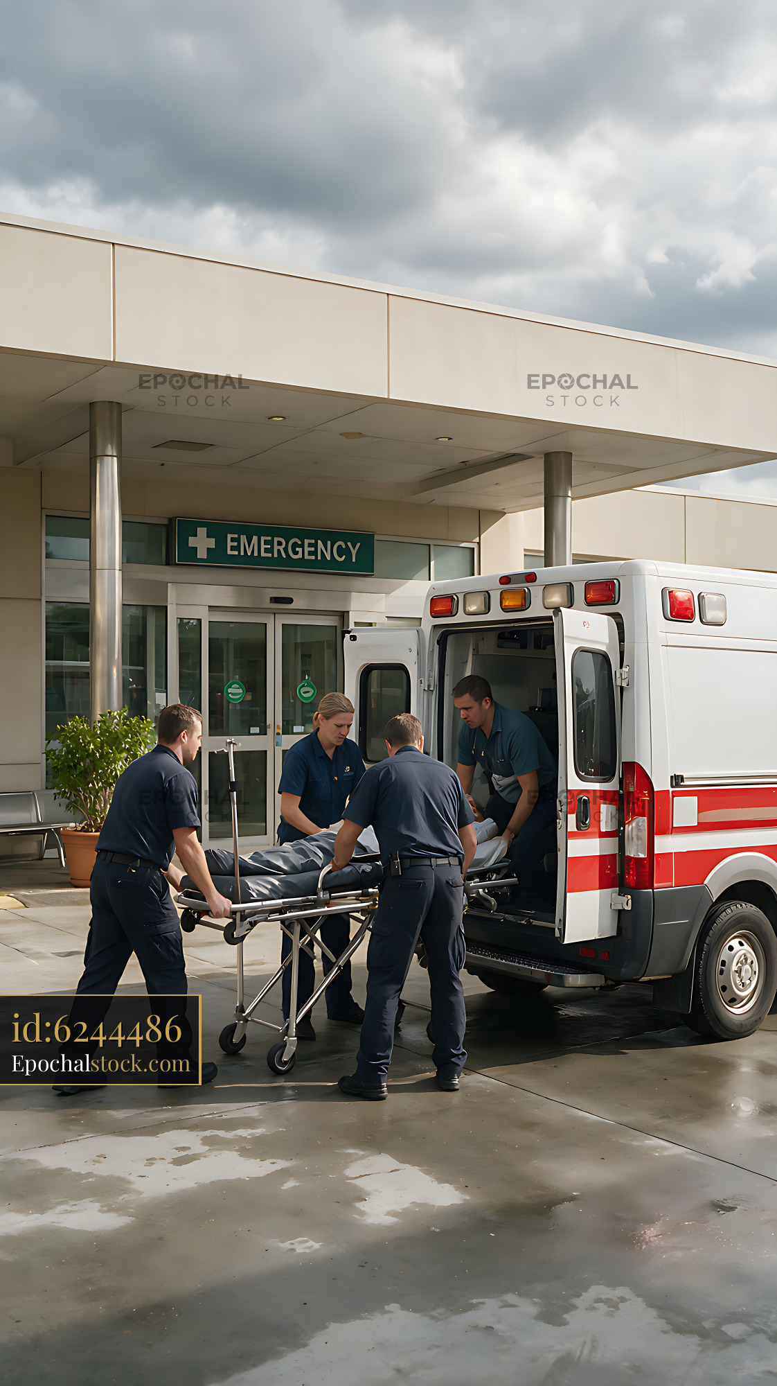 Watermarked full-resolution preview of Emergency medical workers loading a stretcher into an ambulance