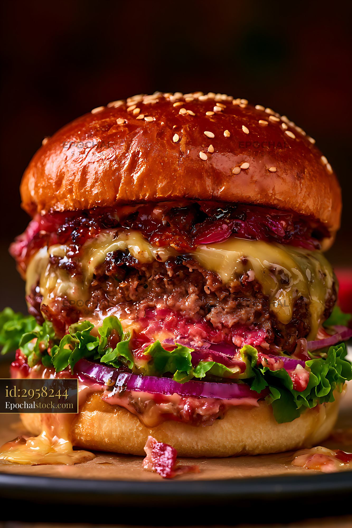 Watermarked full-resolution preview of Gourmet cheeseburger with colorful fresh toppings