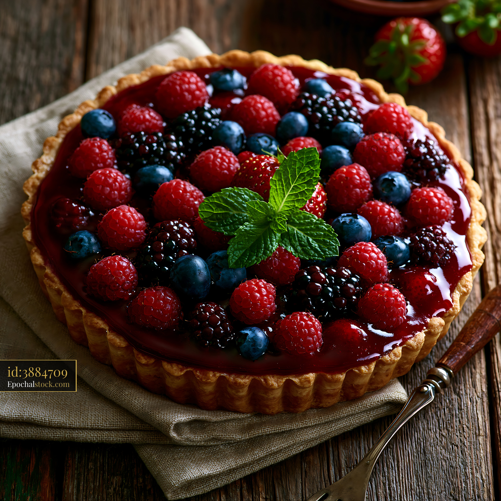 Watermarked full-resolution preview of Fresh berry tart with raspberries, blueberries, and blackberries