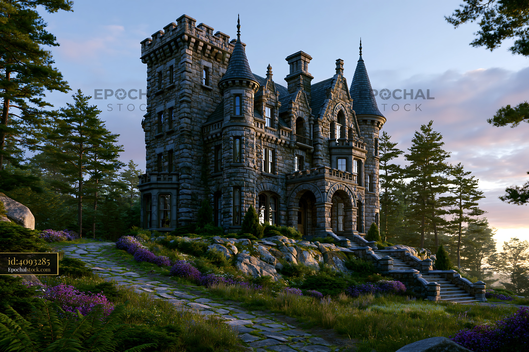 Watermarked full-resolution preview of Historic stone castle surrounded by trees and flowers at sunset