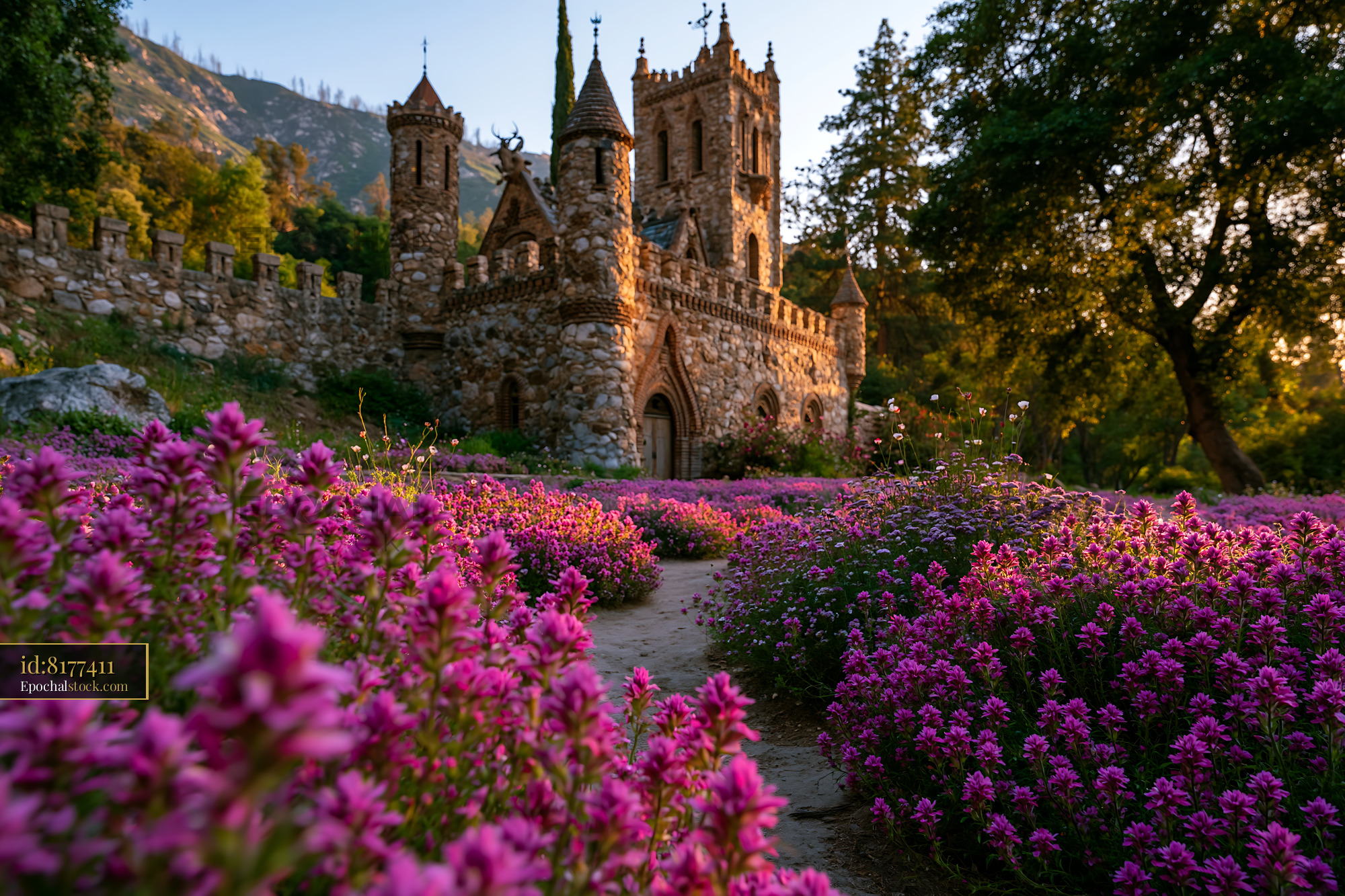 Watermarked full-resolution preview of Beautiful stone castle surrounded by purple flowers in the garden