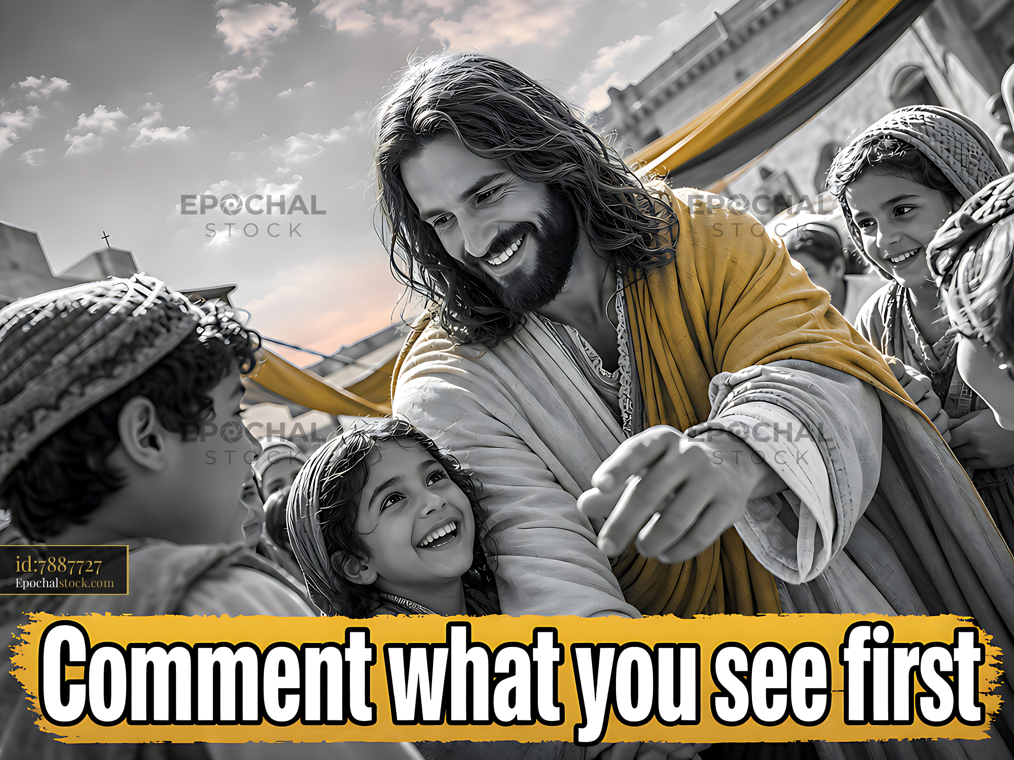 Watermarked full-resolution preview of Man interacting with children in a lively street setting
