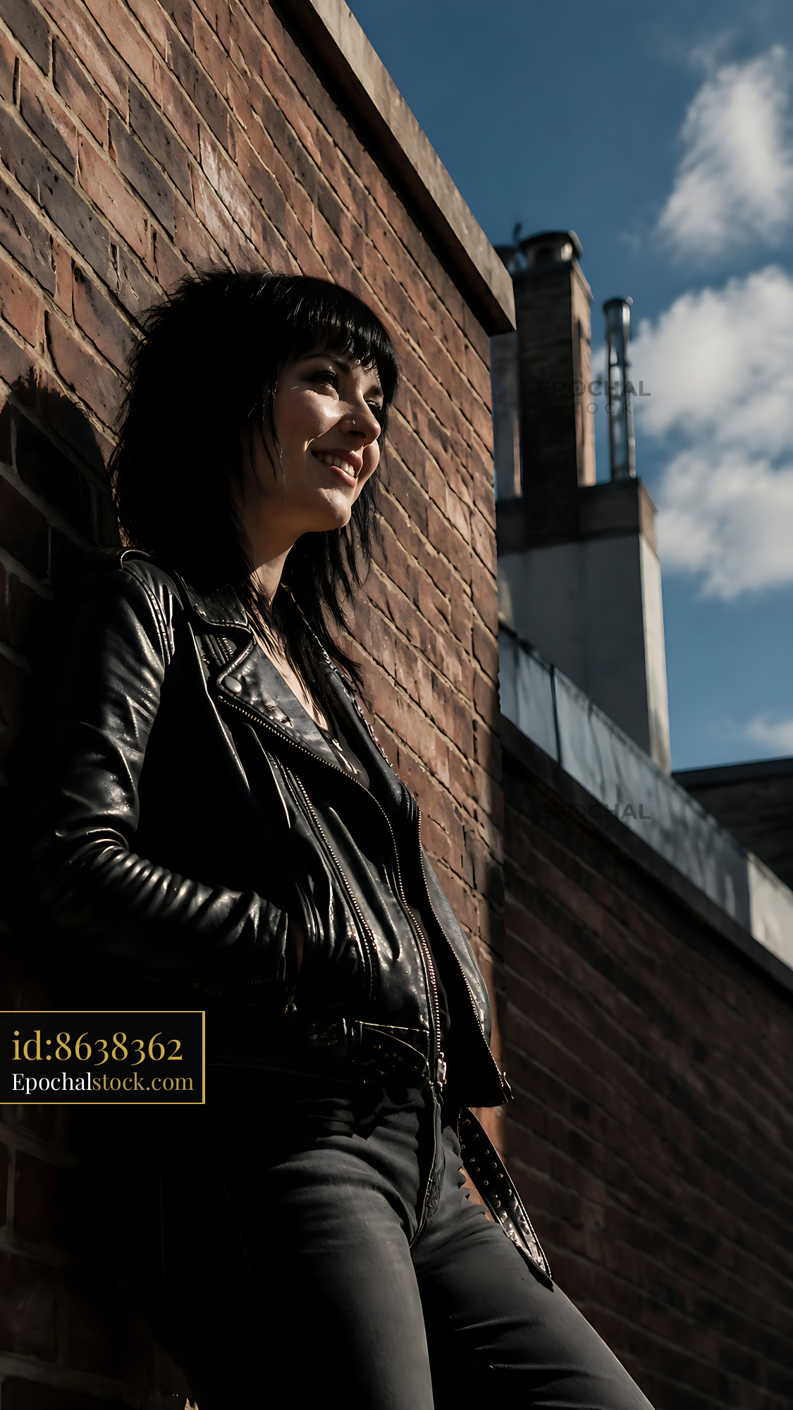 Woman Standing Against Brick Wall Smiling in Urban Environment - stock photo