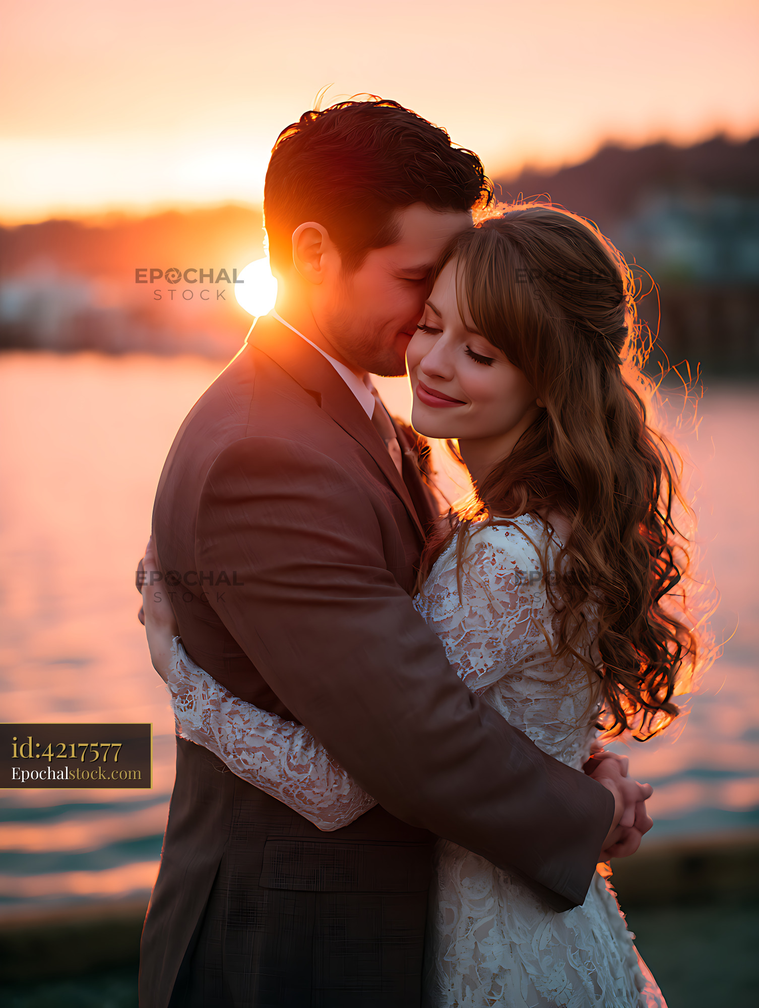 Watermarked full-resolution preview of Romantic newlywed couple hugging beside the water at sunset