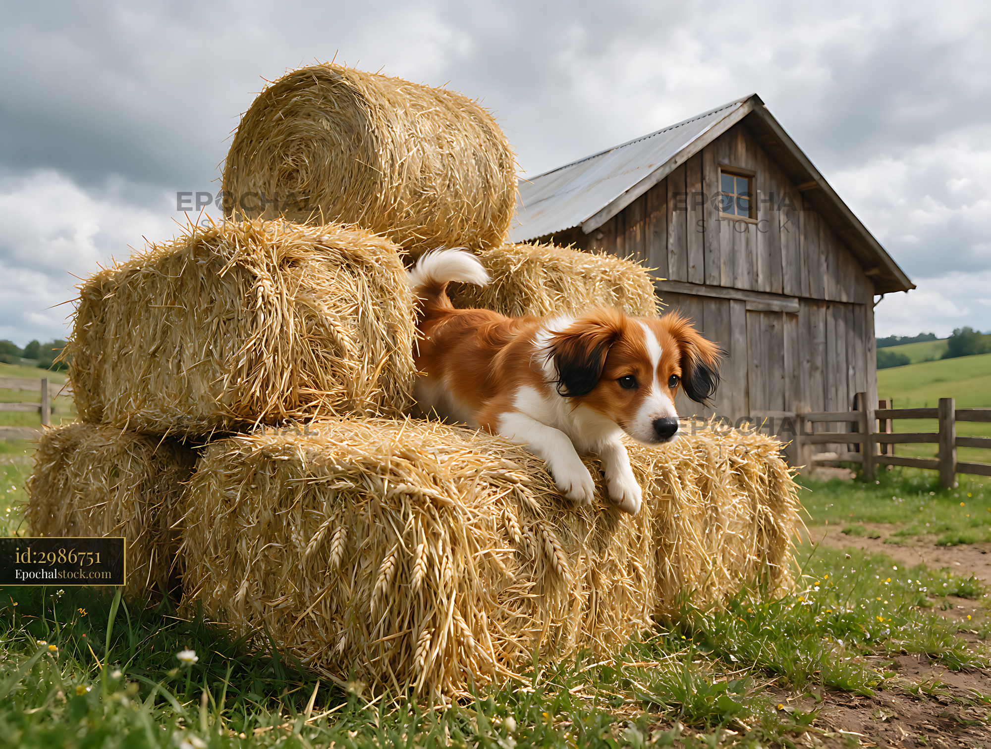 Watermarked full-resolution preview of Playful Puppy on Hay Bales Near a Barn