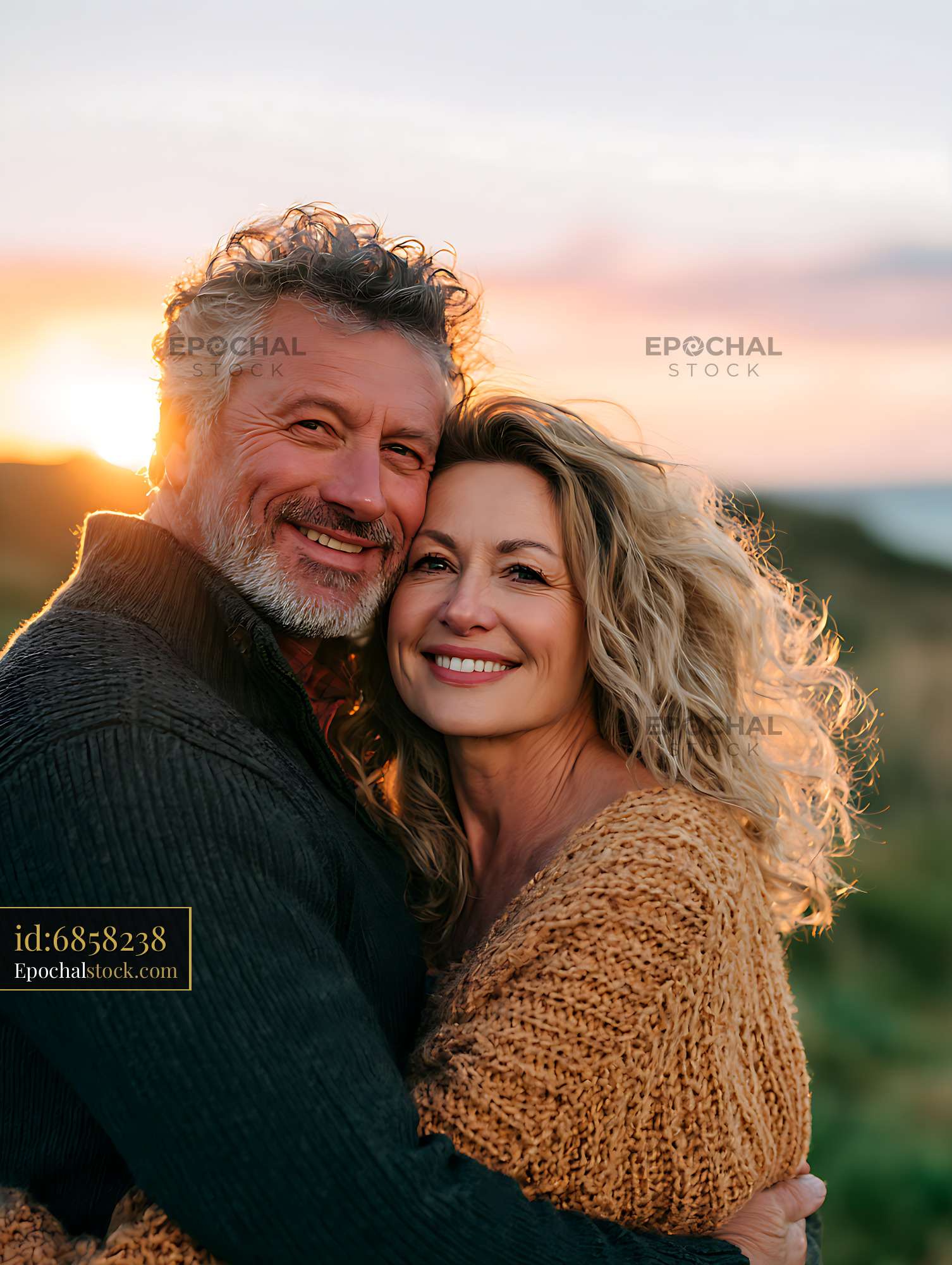 Watermarked full-resolution preview of Happy mature couple sharing an affectionate outdoor embrace