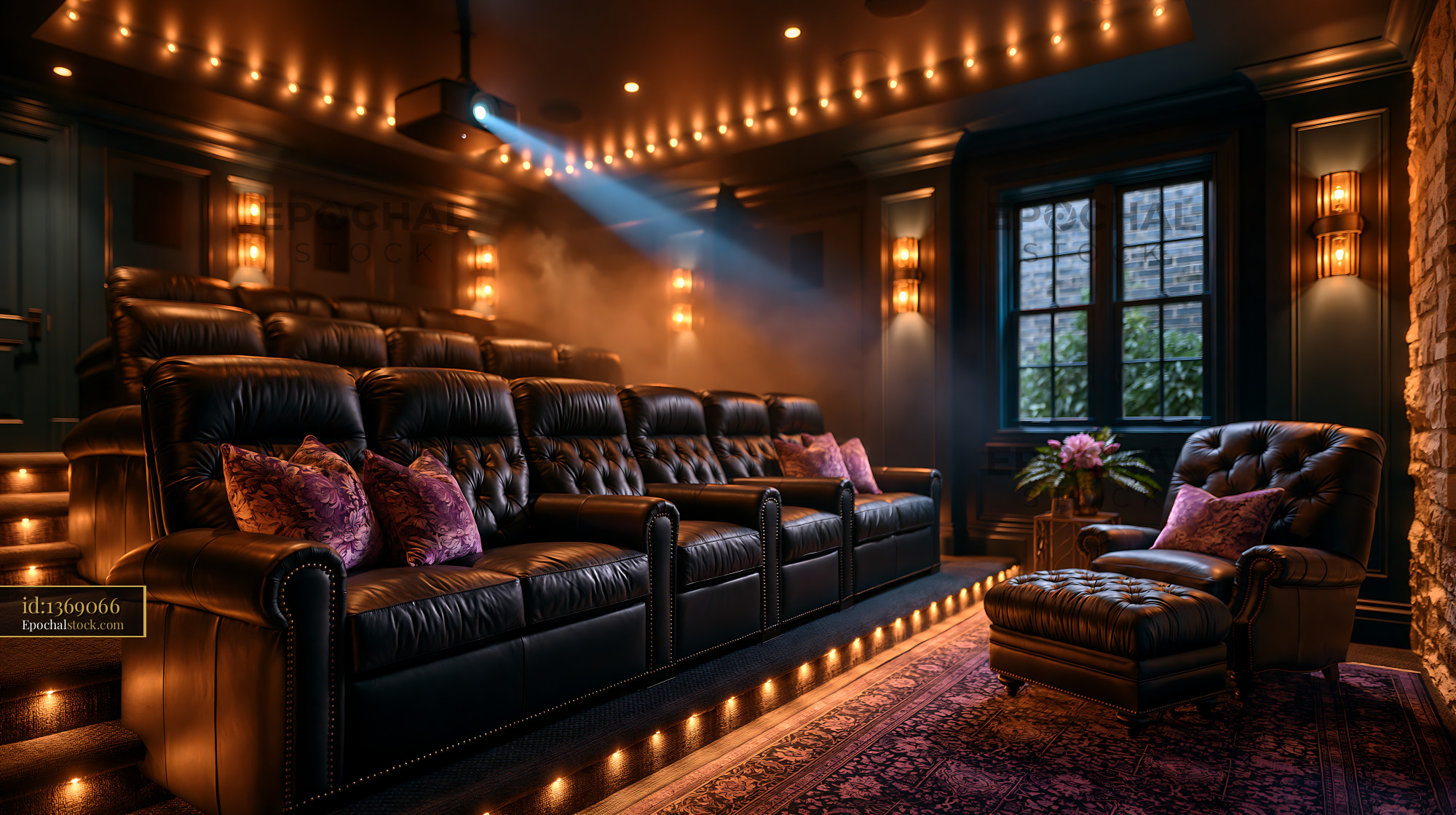 Watermarked full-resolution preview of Home theater with comfortable seating and projector in dim light
