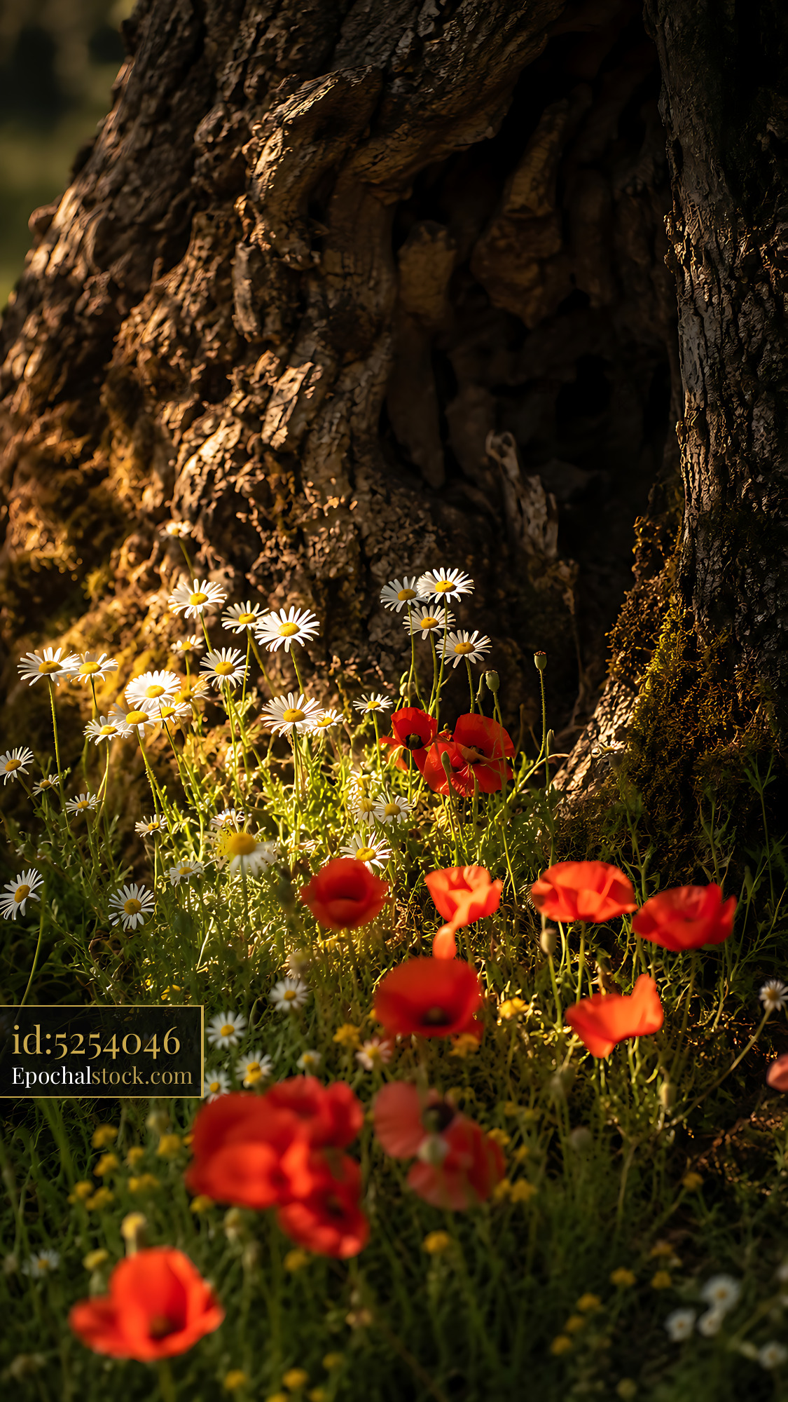 Watermarked full-resolution preview of Bright flowers beside an old tree trunk in a natural setting