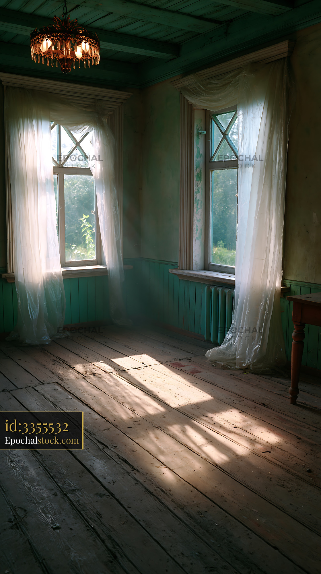 Watermarked full-resolution preview of Light streams through windows in an empty room with wooden floor