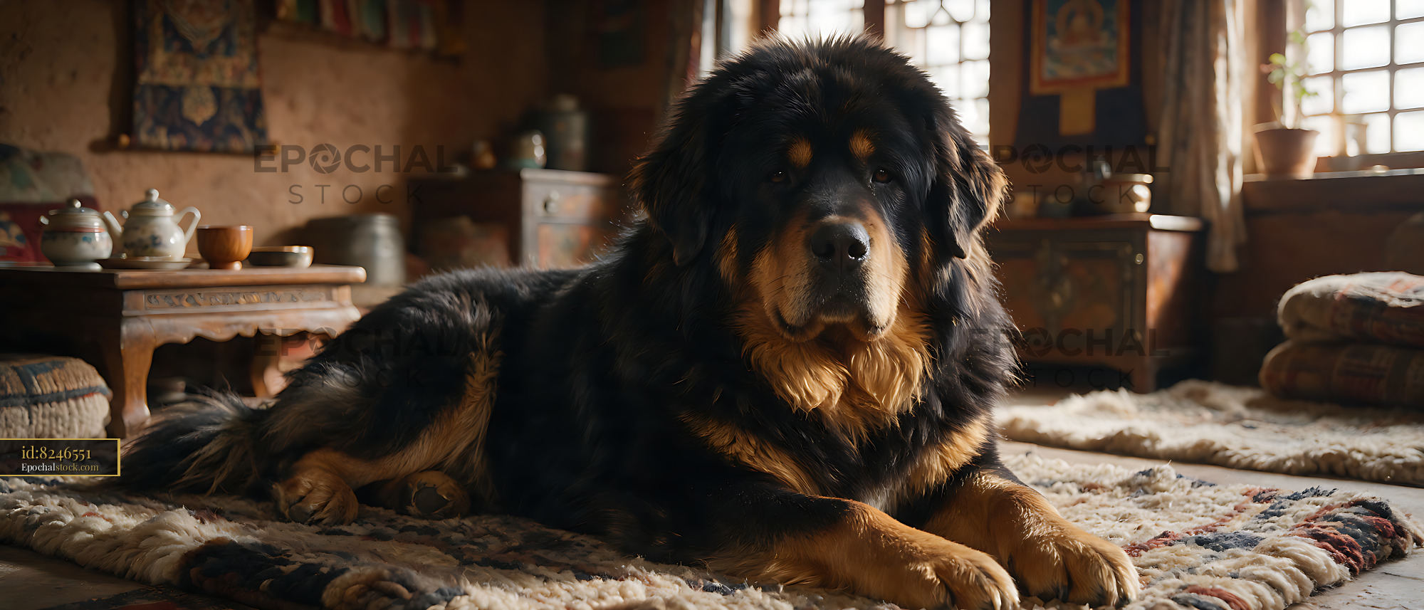 Watermarked full-resolution preview of Black and tan long-haired dog relaxing indoors
