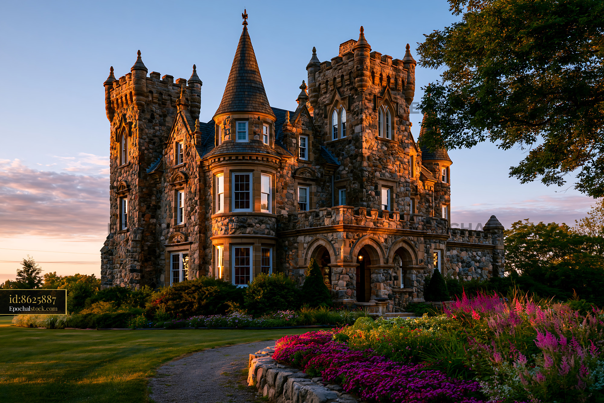 Castle at Sunset in a Garden With Flowers - stock photo
