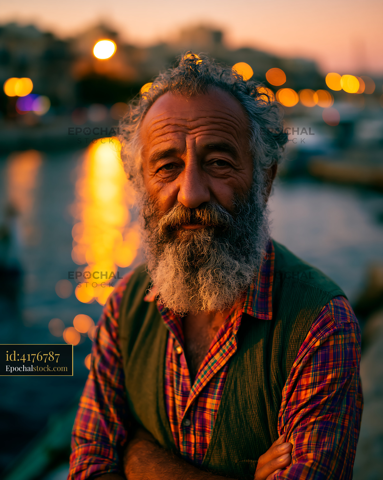 Watermarked full-resolution preview of Man with beard standing by water at sunset