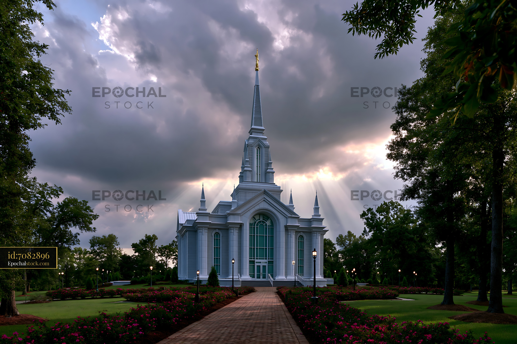 Watermarked full-resolution preview of Church building with a spire under cloudy sky in a park