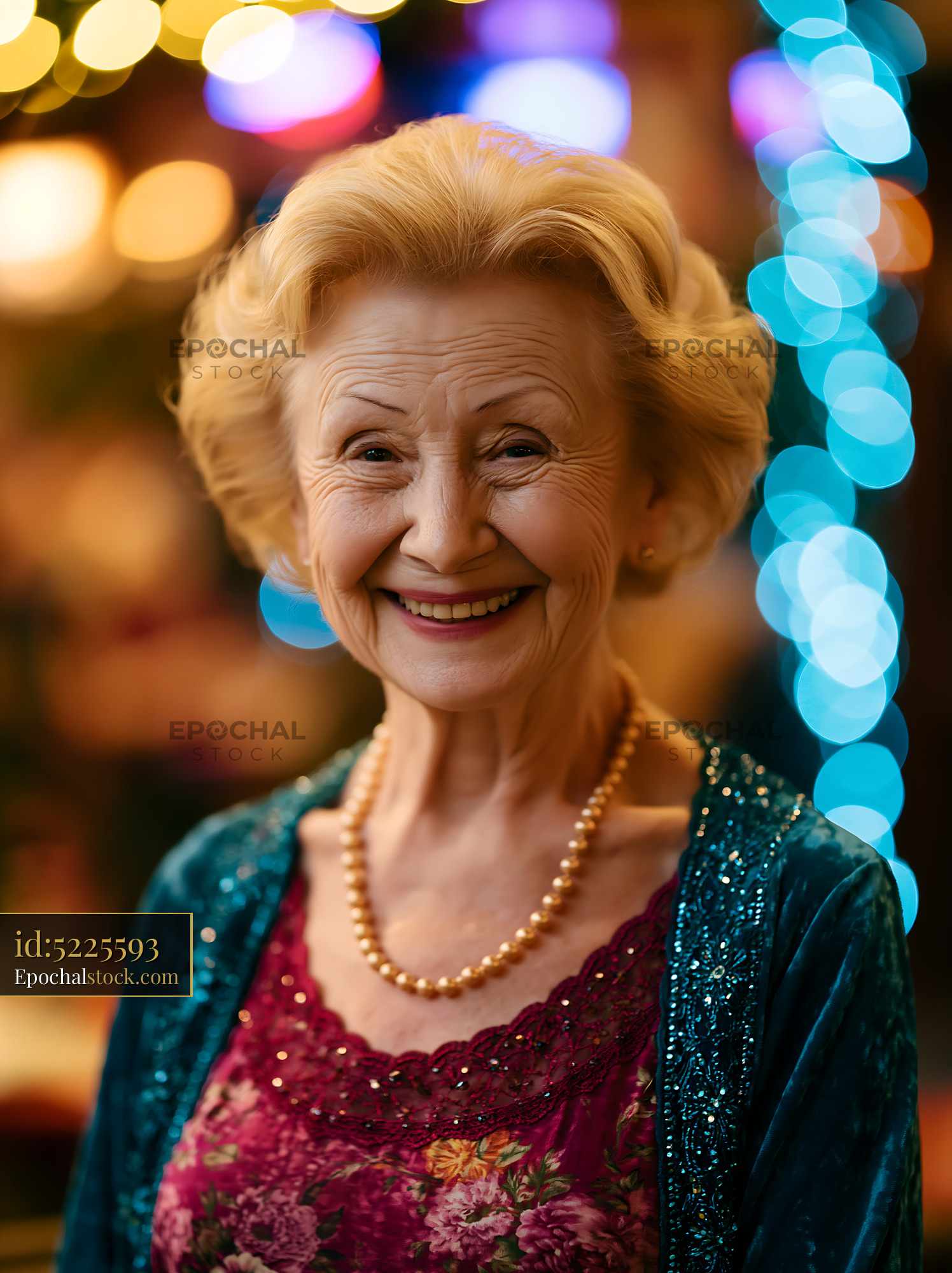 Older Woman Smiles Brightly in a Festive Indoor Setting - stock photo