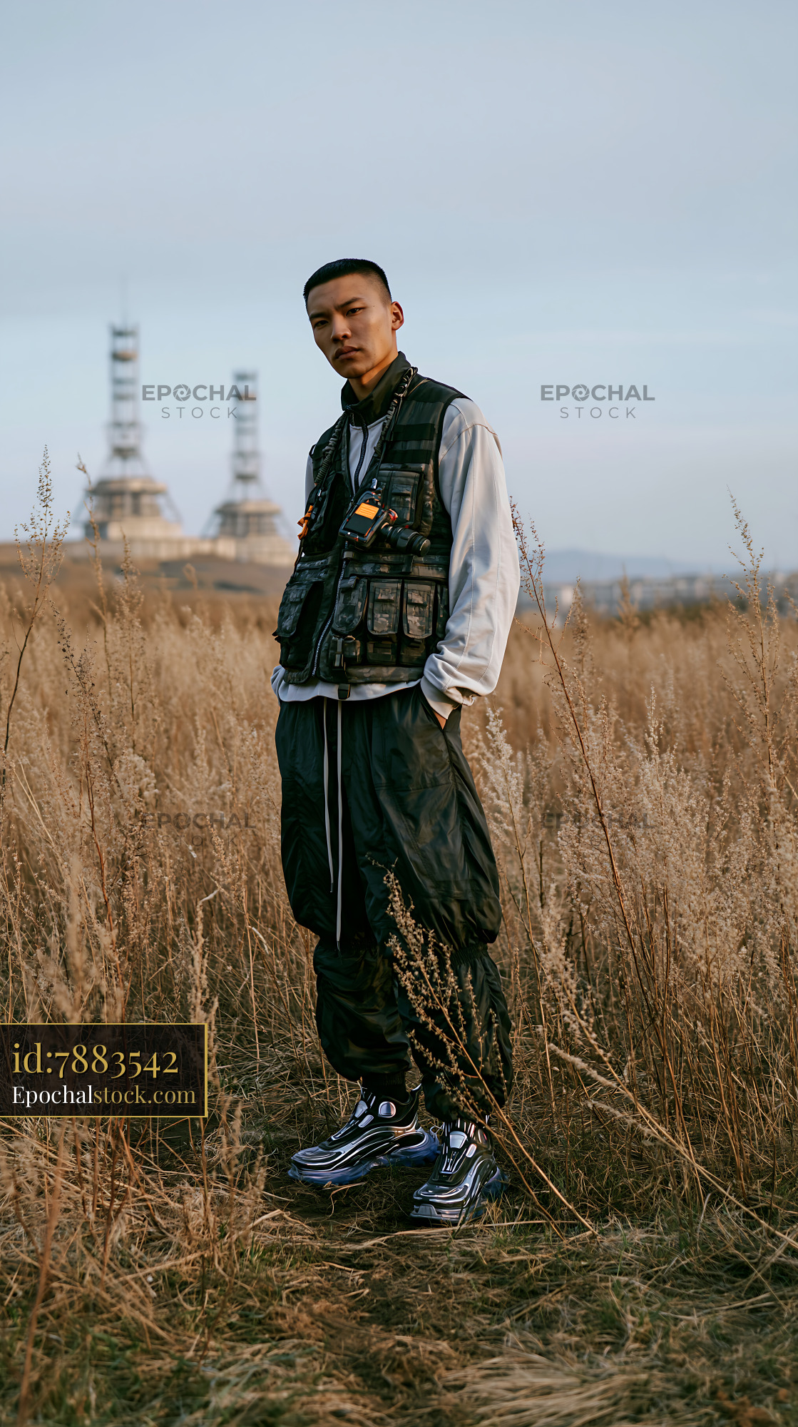 Watermarked full-resolution preview of Man standing in field wearing casual clothing near industrial site