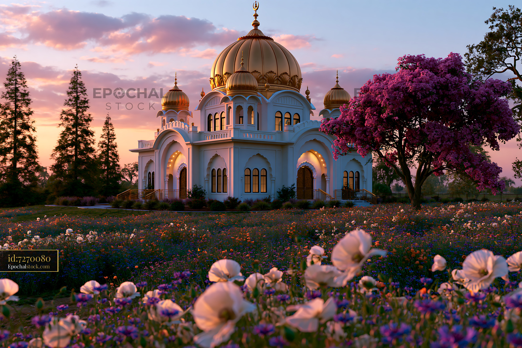 Watermarked full-resolution preview of Building with golden domes and flowers at sunset